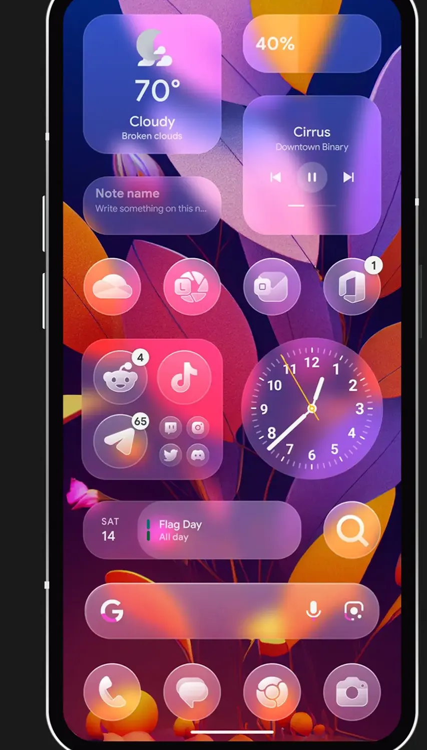 Home screen with weather, battery, music, note, clock and calendar widgets over a floral wallpaper, plus search bar and dock.