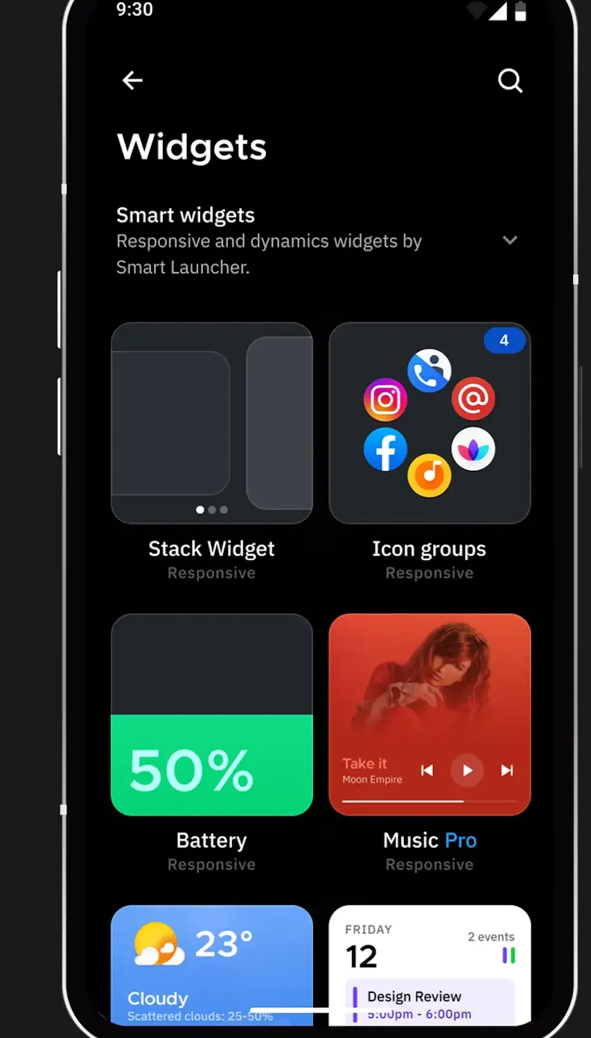 Widgets picker listing Stack Widget, Icon groups, Battery, Music, weather and calendar tiles, each labelled Responsive.