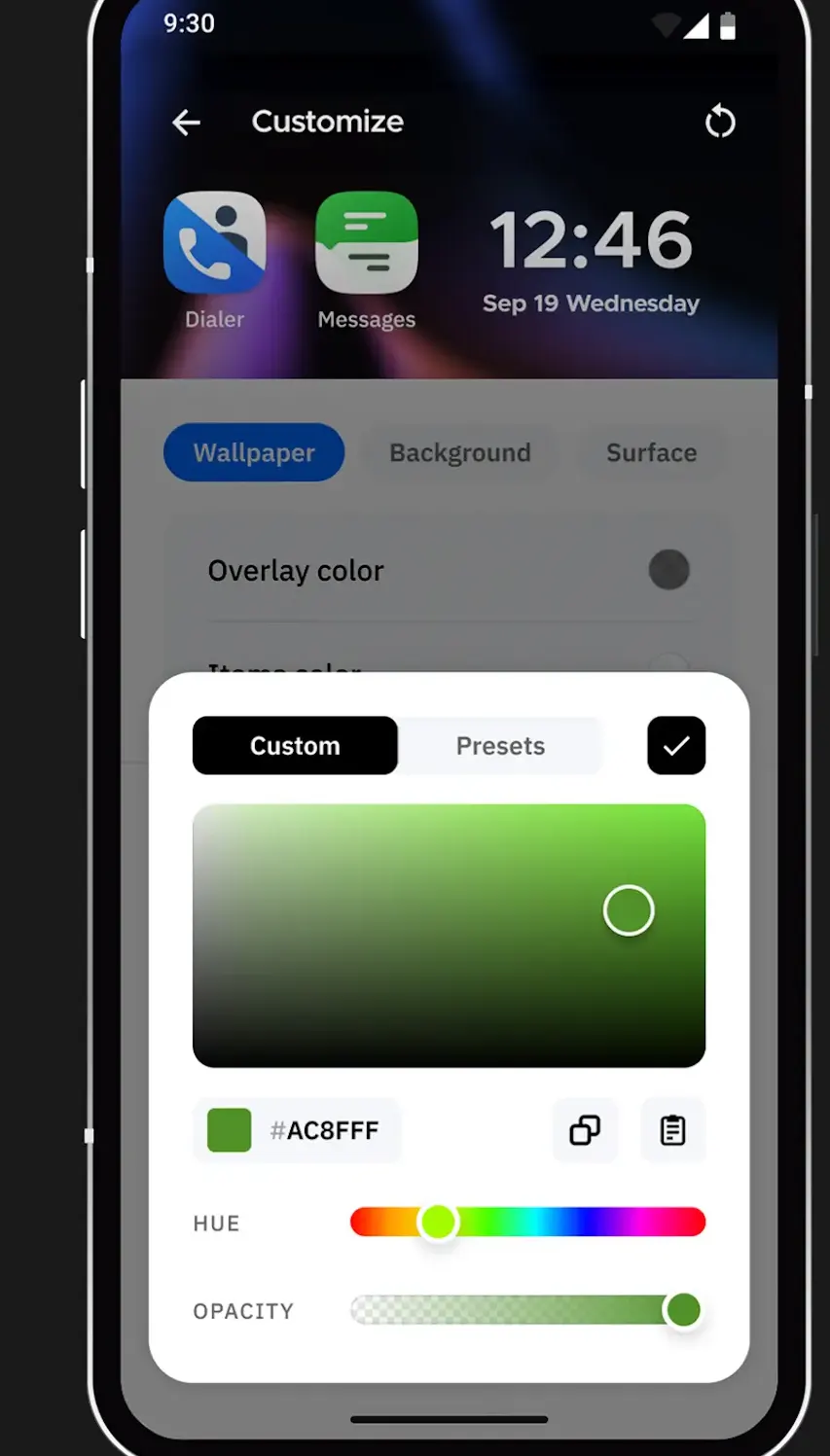 Customize screen with Wallpaper, Background and Surface tabs and an open color picker showing hex AC8FFF, hue and opacity sliders.
