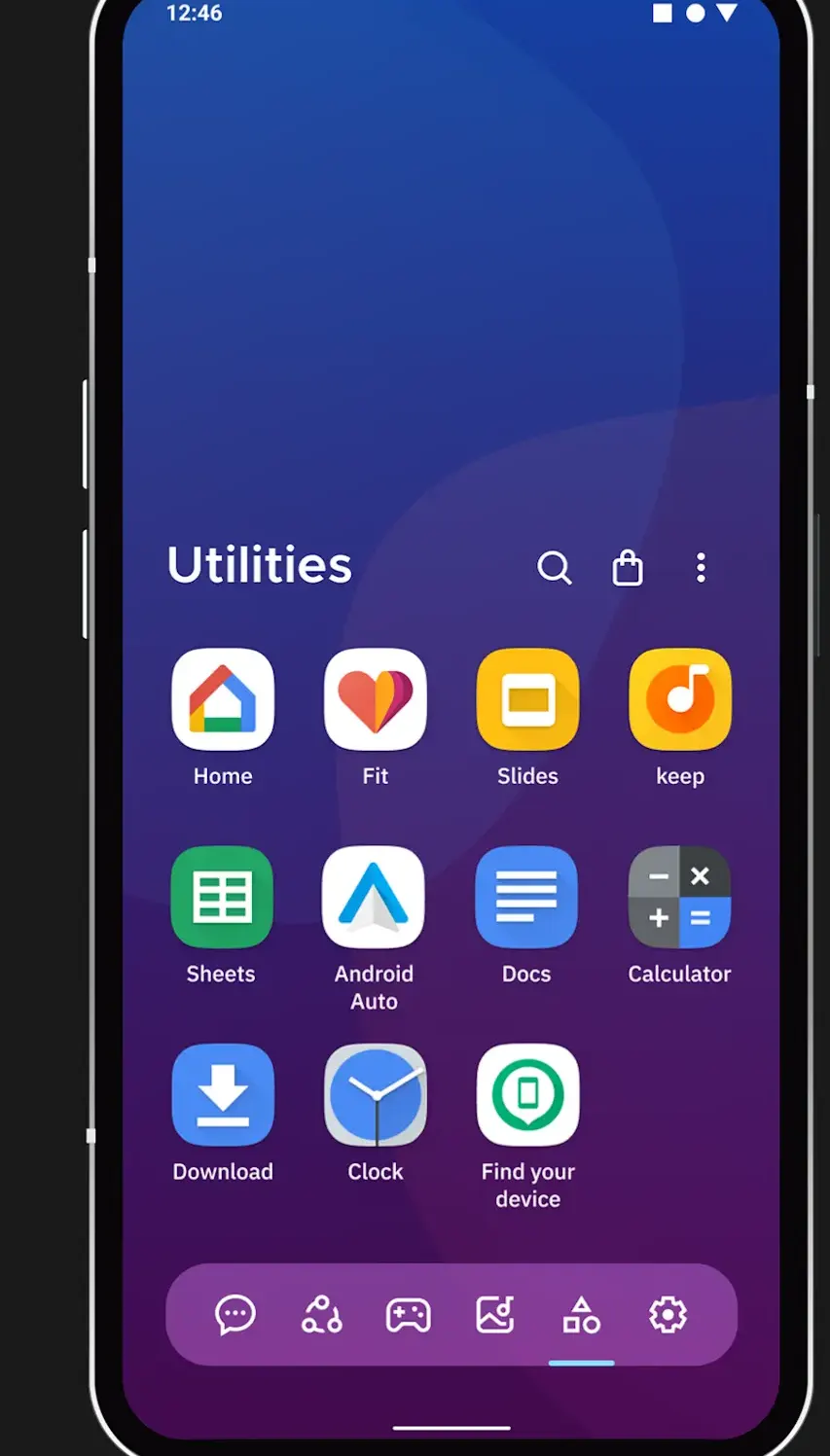 App drawer open on the Utilities category with eleven app icons and labels and a category bar at the bottom.