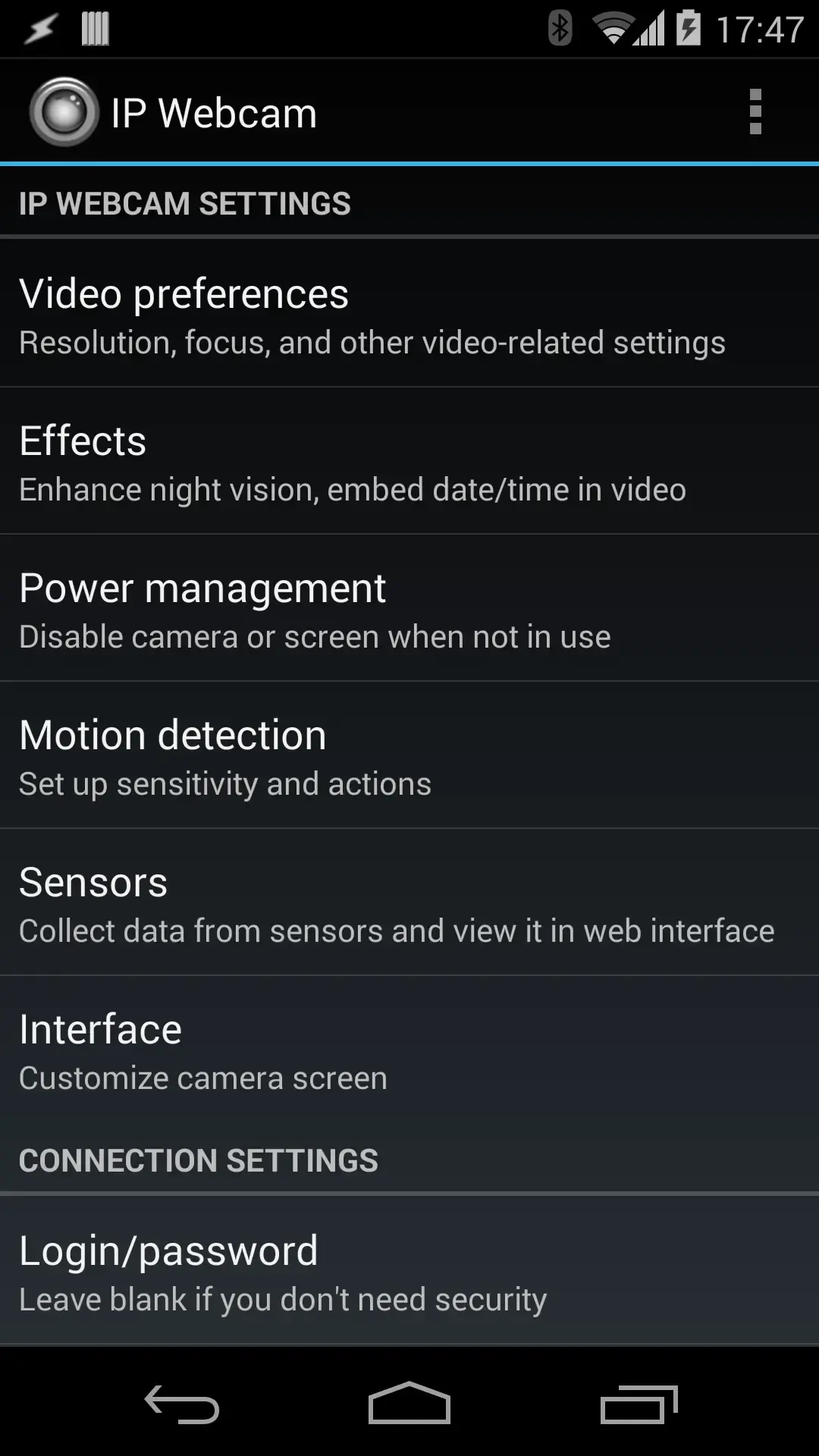 The IP Webcam settings list with rows for video preferences, effects, power management, motion detection, sensors and interface, and below them a Connection settings heading with a Login/password row subtitled Leave blank if you don't need security