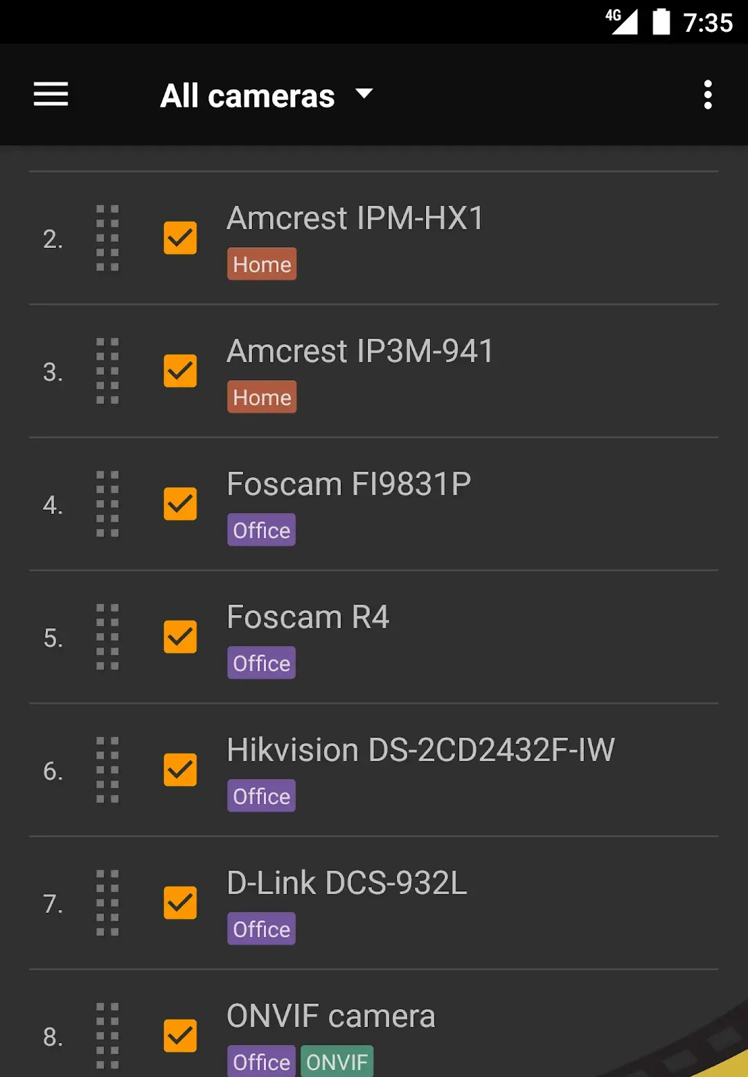 The tinyCam Monitor camera list, scrolled so it starts at entry 2, with Amcrest IPM-HX1 and Amcrest IP3M-941 tagged Home, Foscam FI9831P, Foscam R4, Hikvision DS-2CD2432F-IW and D-Link DCS-932L tagged Office, and an ONVIF camera entry cut off at the bottom edge