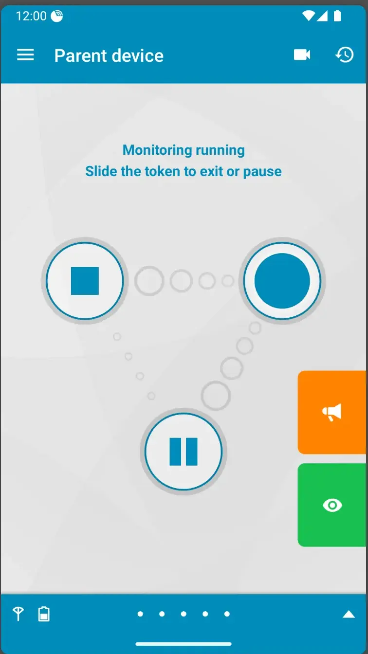 The Dormi parent device screen reading Monitoring running and Slide the token to exit or pause, with a stop button and a round blue token side by side, a pause button below them, and orange talk and green view tabs docked to the right edge