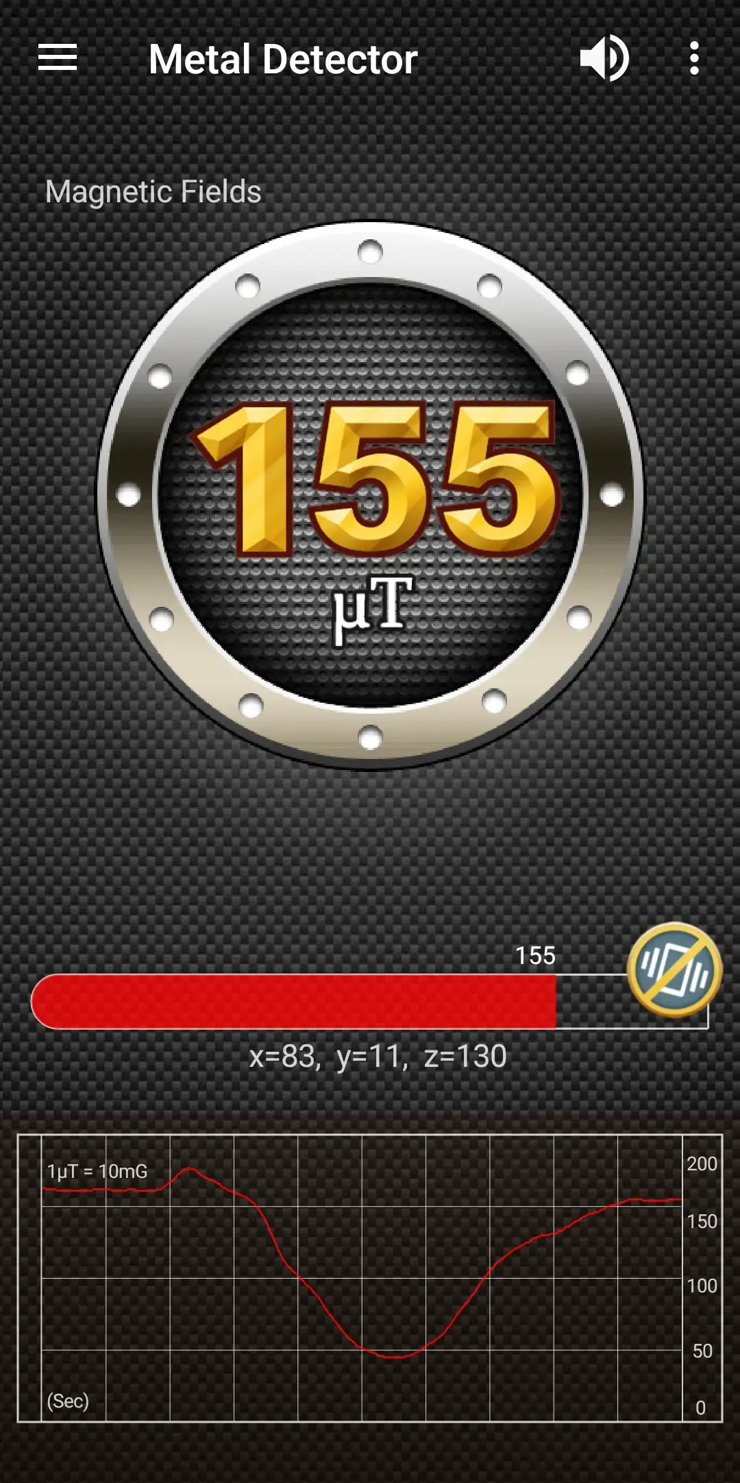 Metal Detector by Smart Tools co. showing a circular gauge at 155 microtesla with a red intensity bar filled about three quarters of its track, axis values x=83 y=11 z=130, and a history graph whose red trace dips to about 45 then climbs steeply back above 150.