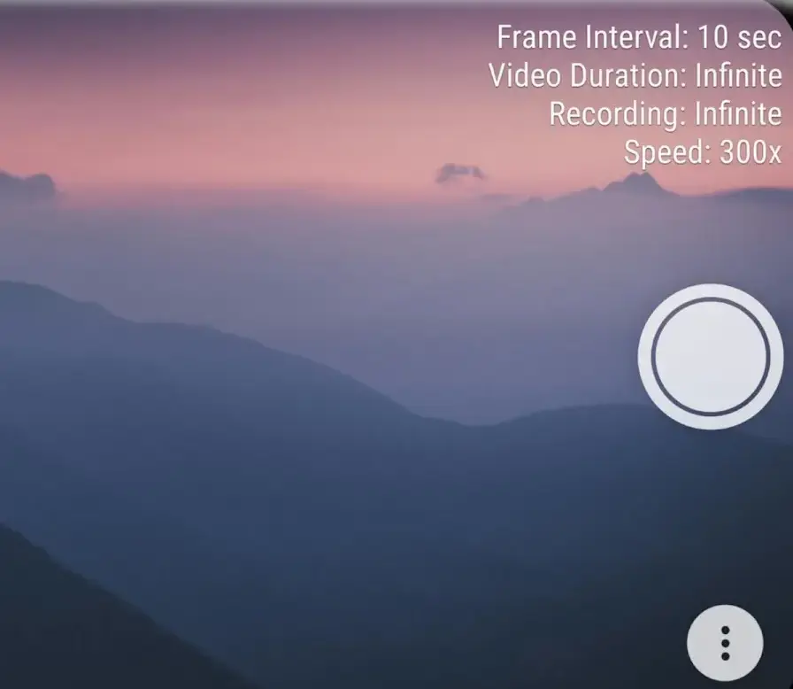 Framelapse 2's camera viewfinder over a mountain sunrise, with a top-right readout listing Frame Interval 10 sec, Video Duration Infinite, Recording Infinite and Speed 300x, a round shutter button at the right edge and an overflow menu button below it.