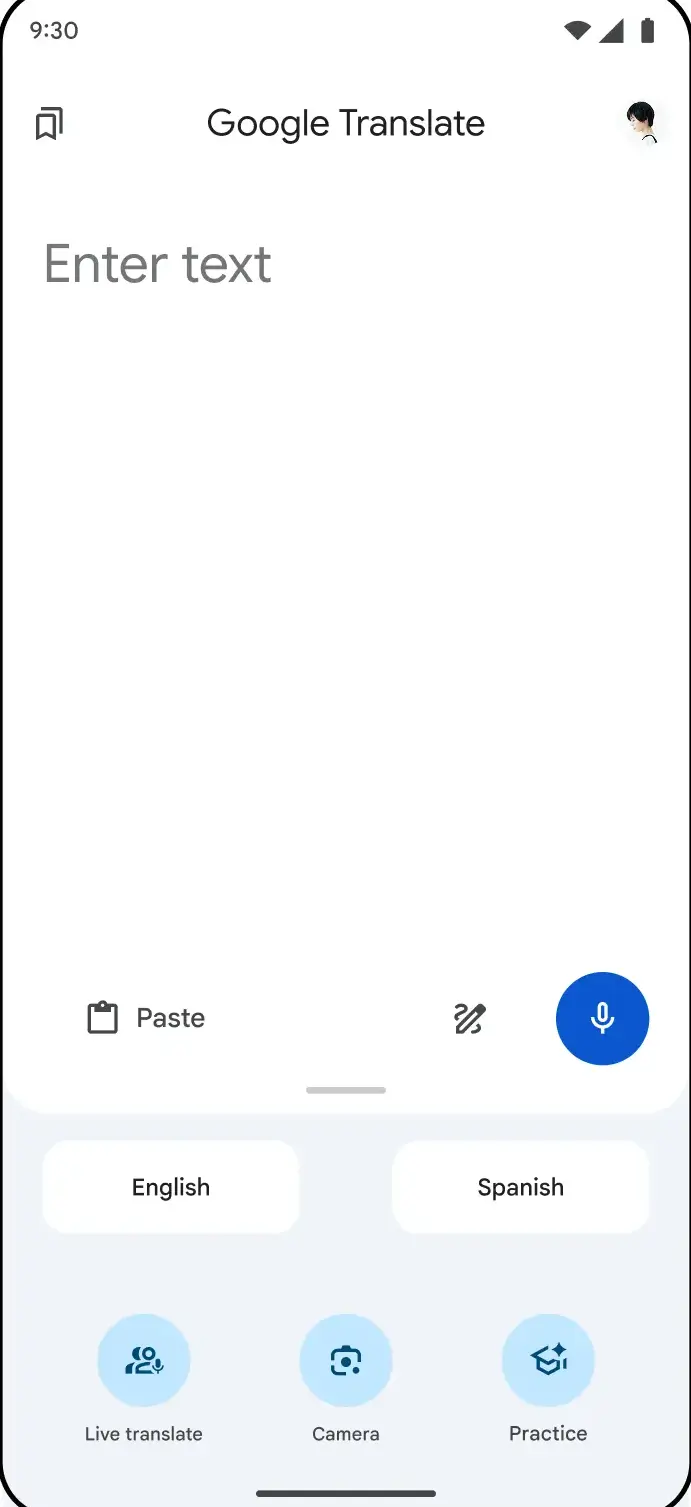 The Google Translate home screen with an empty Enter text field, English and Spanish set as the language pair, and Live translate, Camera and Practice buttons along the bottom