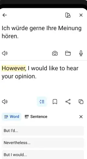 DeepL translating a German sentence into English and offering alternative openings below: But I’d, Nevertheless, But I would