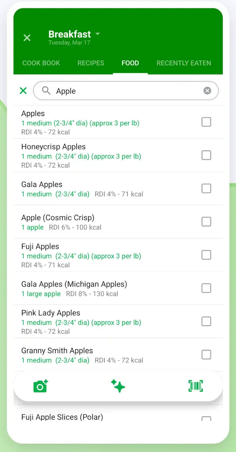 The FatSecret Breakfast logging screen with the FOOD tab open, showing a search for "Apple" that returns database entries such as Gala Apples, Fuji Apples and Granny Smith Apples, each listing serving size, RDI percentage and kcal, with photo, AI and barcode-scanner buttons in a row at the bottom.