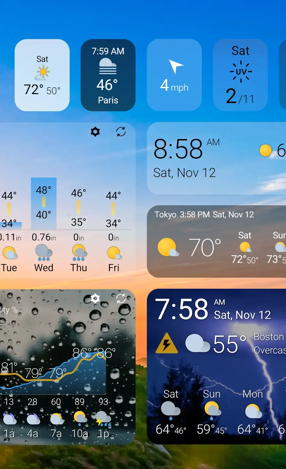 A grid of Weawow weather widgets in different sizes, from small square tiles showing a daily high and low, a Paris temperature, wind speed and a UV index, up to a multi day forecast column, a clock and date panel, a Tokyo world clock and an hourly temperature chart set on a photo background