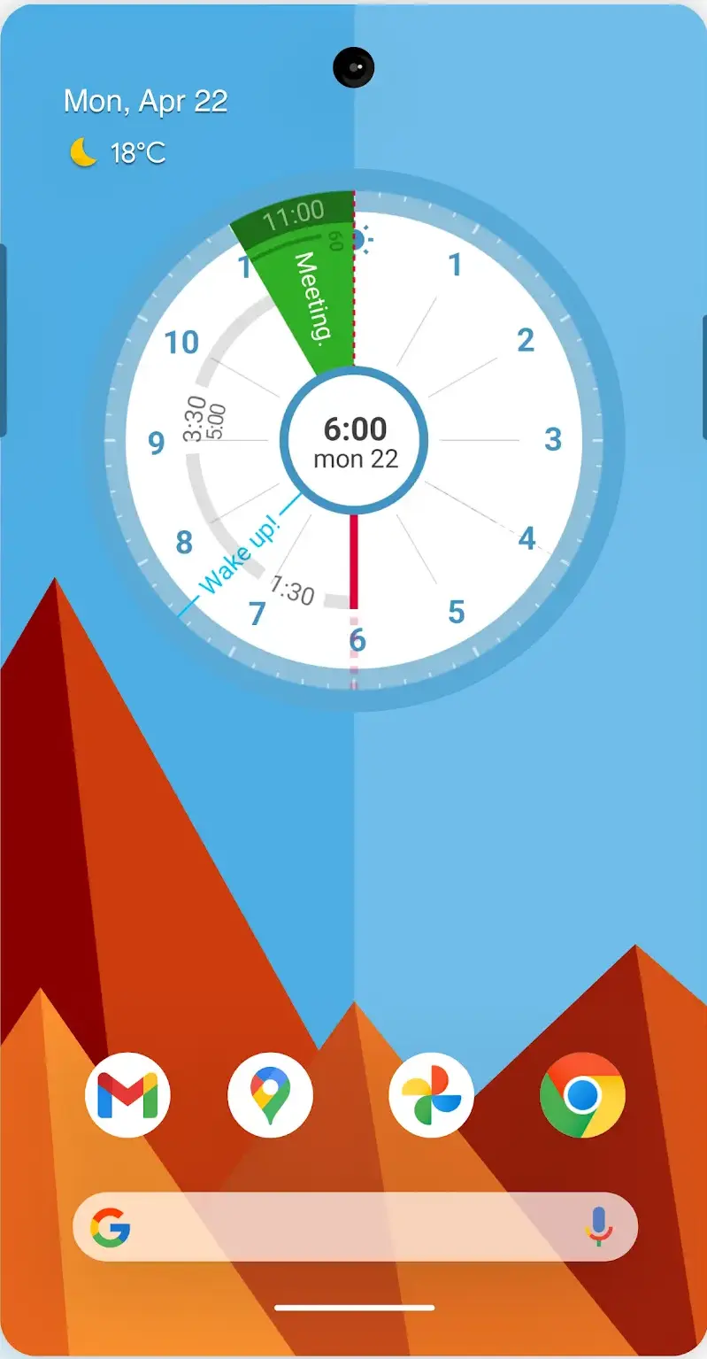 The Sectograph widget on an Android home screen, showing the day as a twelve hour clock face with one green sector labelled Meeting as wide as the hour it takes up, and a Wake up alarm marked on the rim