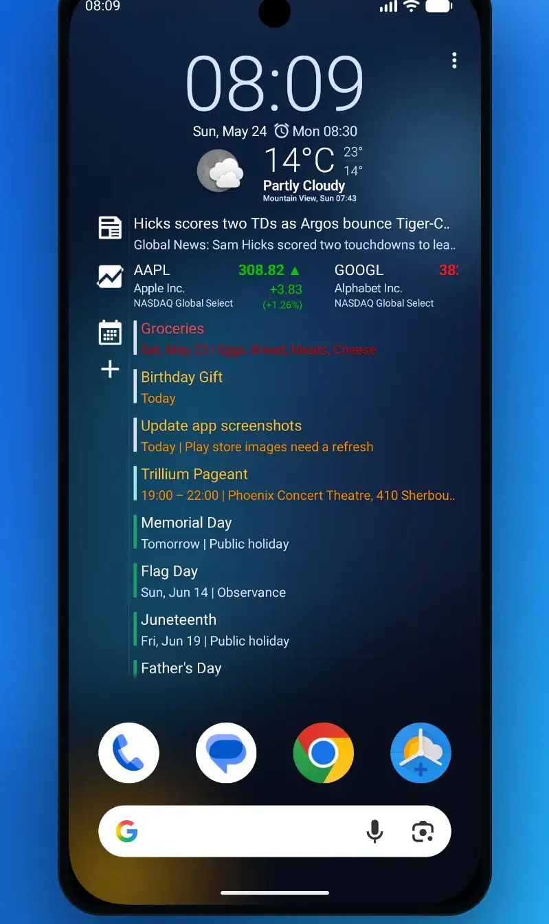 The Chronus Flex widget filling a home screen with clock, weather, news headlines, stock prices and a calendar agenda in one tile