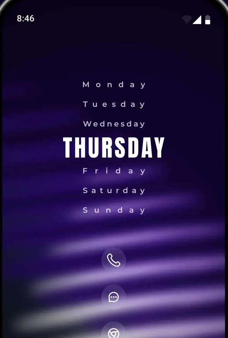 A custom KWGT widget listing the days of the week vertically with the current day highlighted, above a single centred column of app shortcut icons