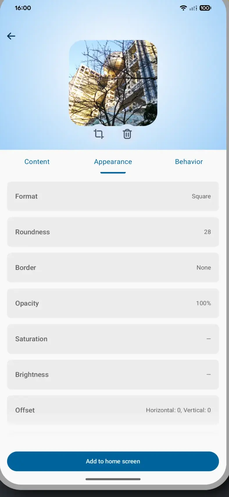 The Material Photo Widget configuration screen with Content, Appearance and Behavior tabs and rows for format, roundness, border, opacity and saturation