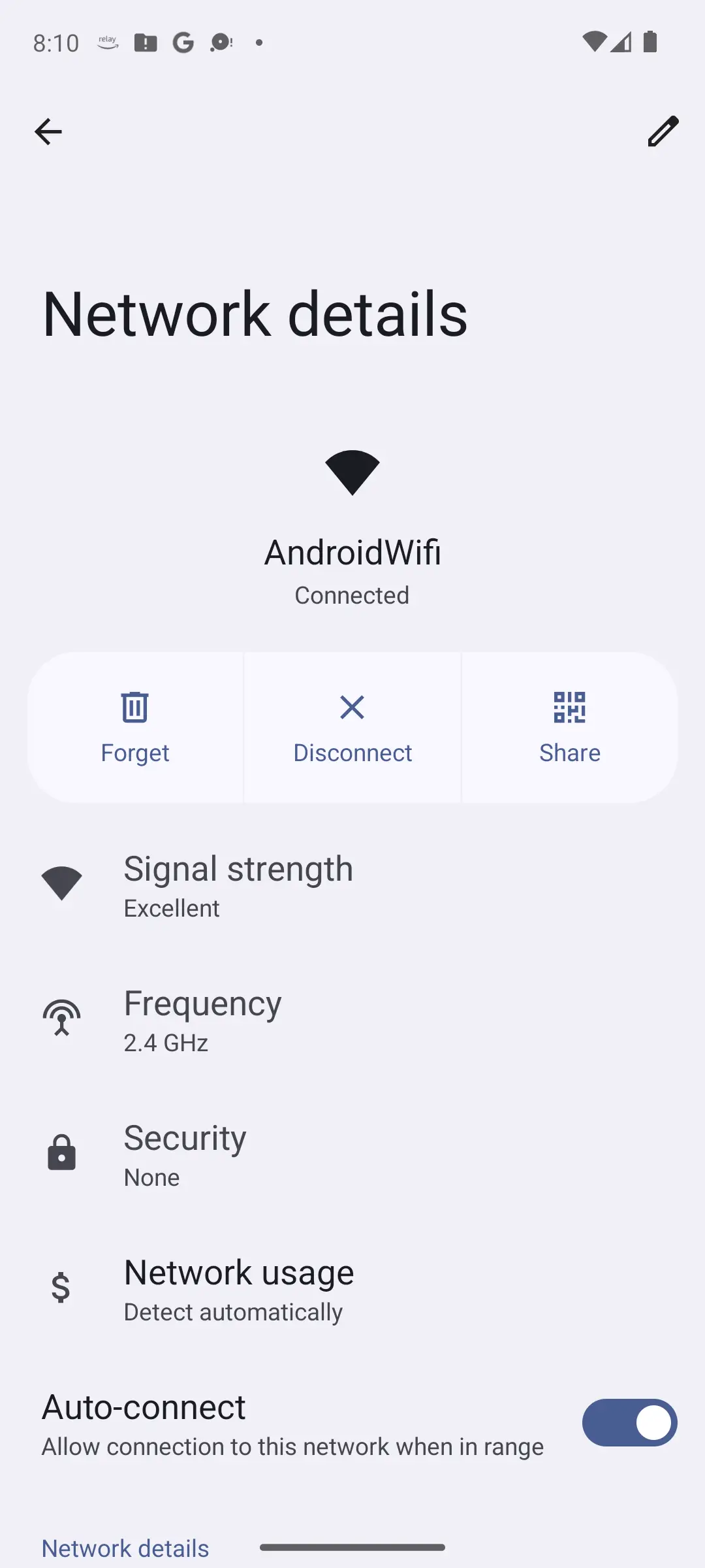 Wi-Fi network details page showing Forget, Disconnect and Share, plus signal strength, 2.4 GHz frequency, network usage and Auto-connect