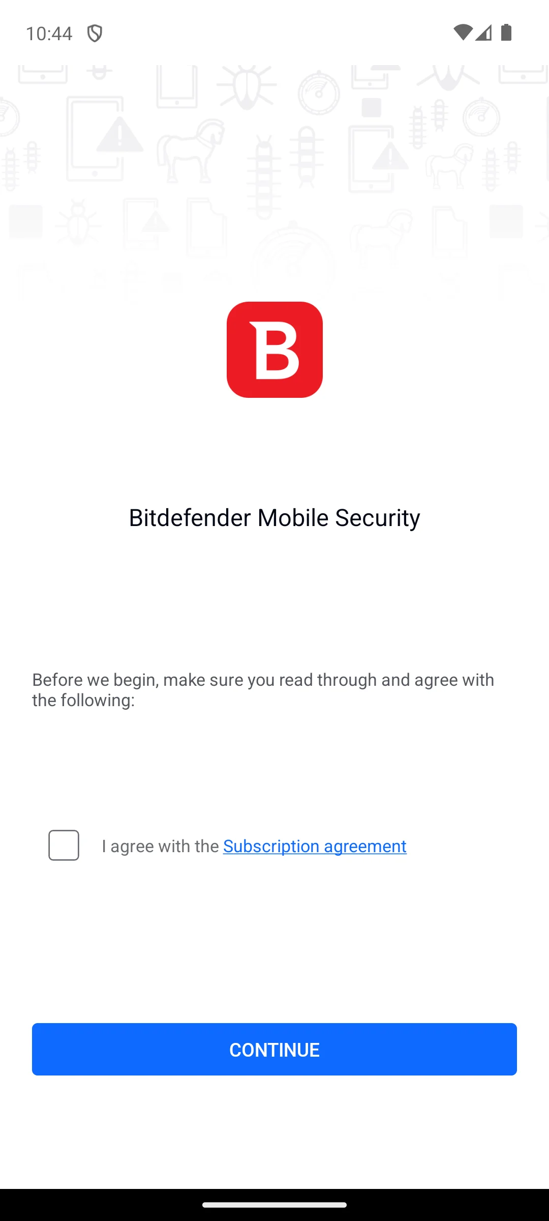 Bitdefender Mobile Security on Android, The agreement gate it opens on.