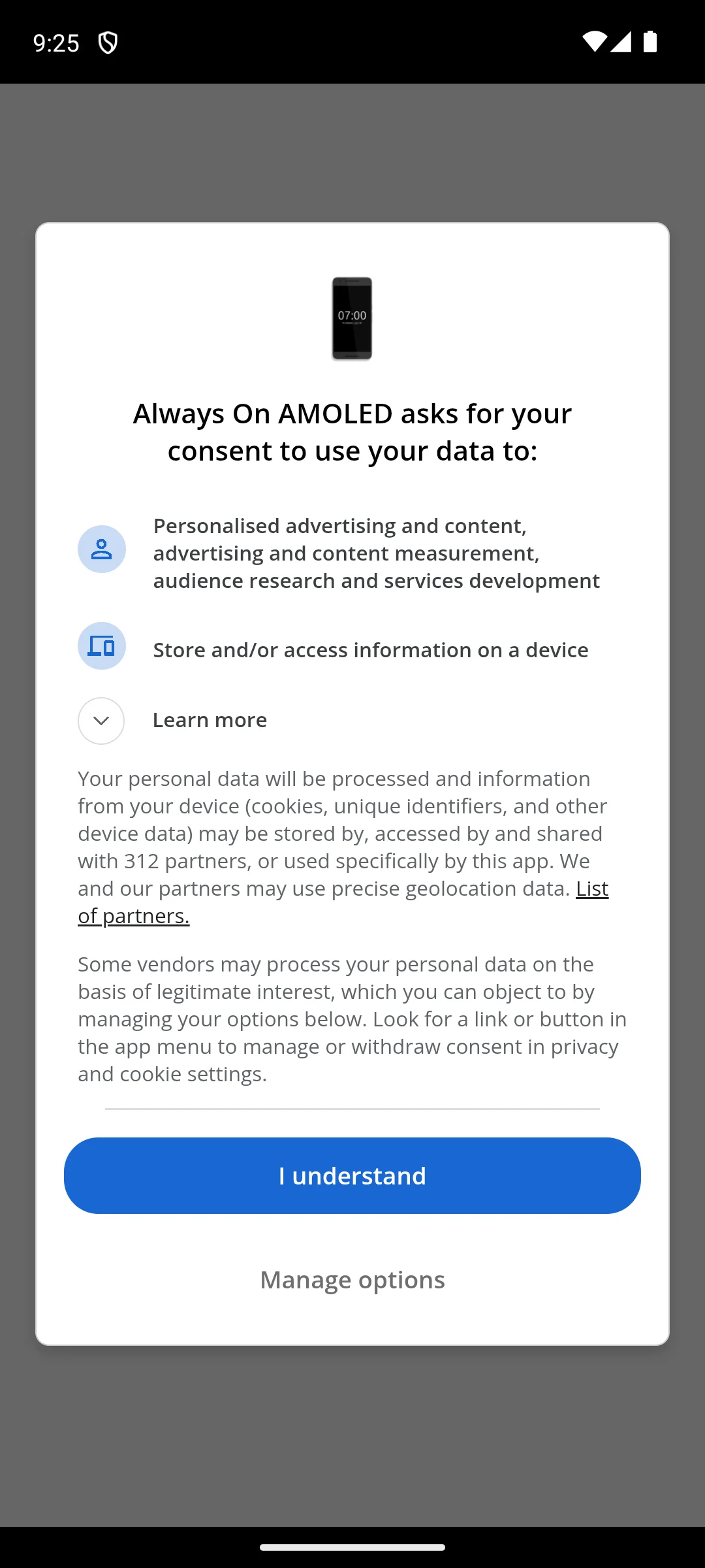 Always On AMOLED on Android, Consent dialog on first launch.