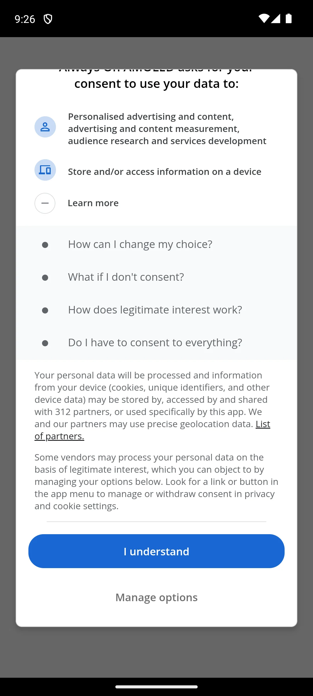 Always On AMOLED on Android, Consent dialog, details expanded.
