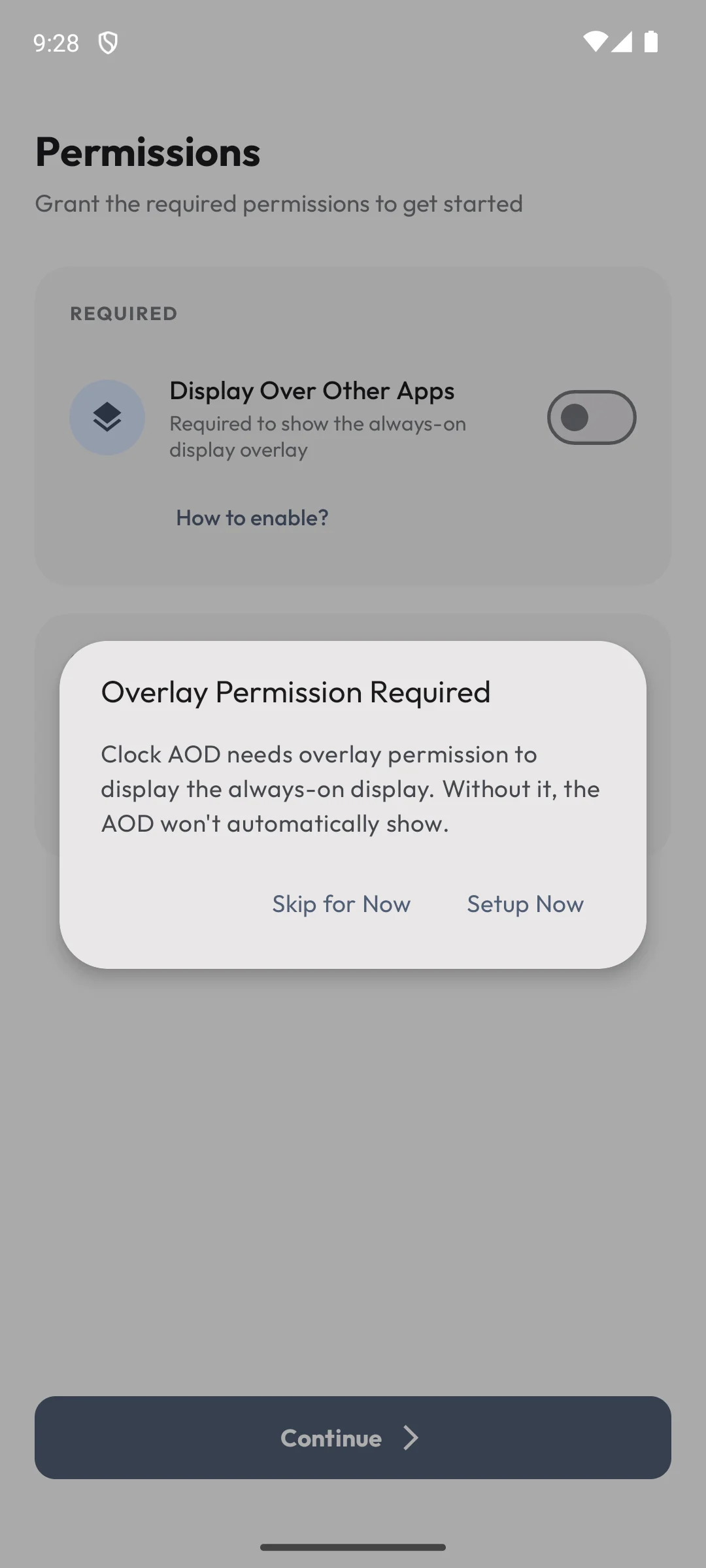 AOD Flow on Android, Overlay permission prompt.