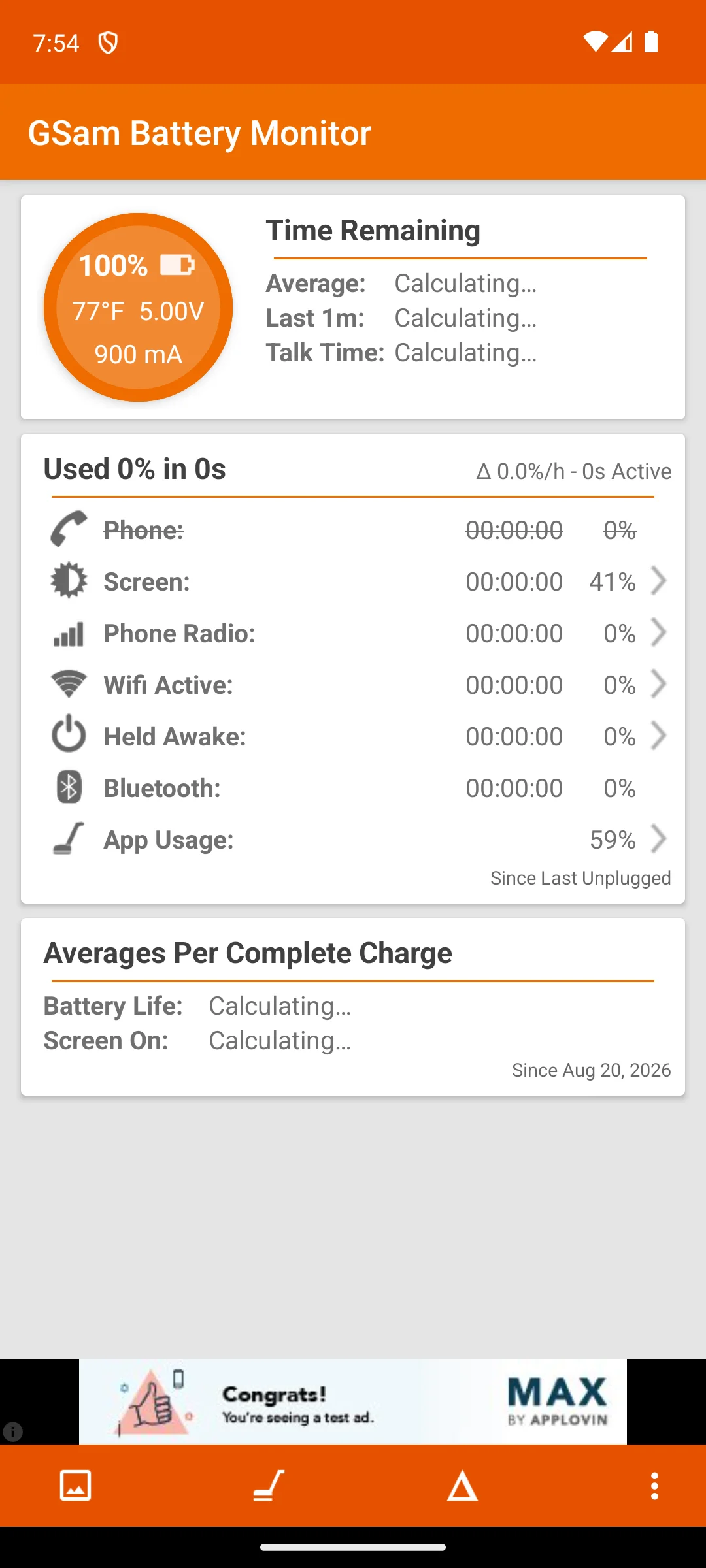 GSam Battery Monitor on Android, Its dashboard, with the free build advertising banner.