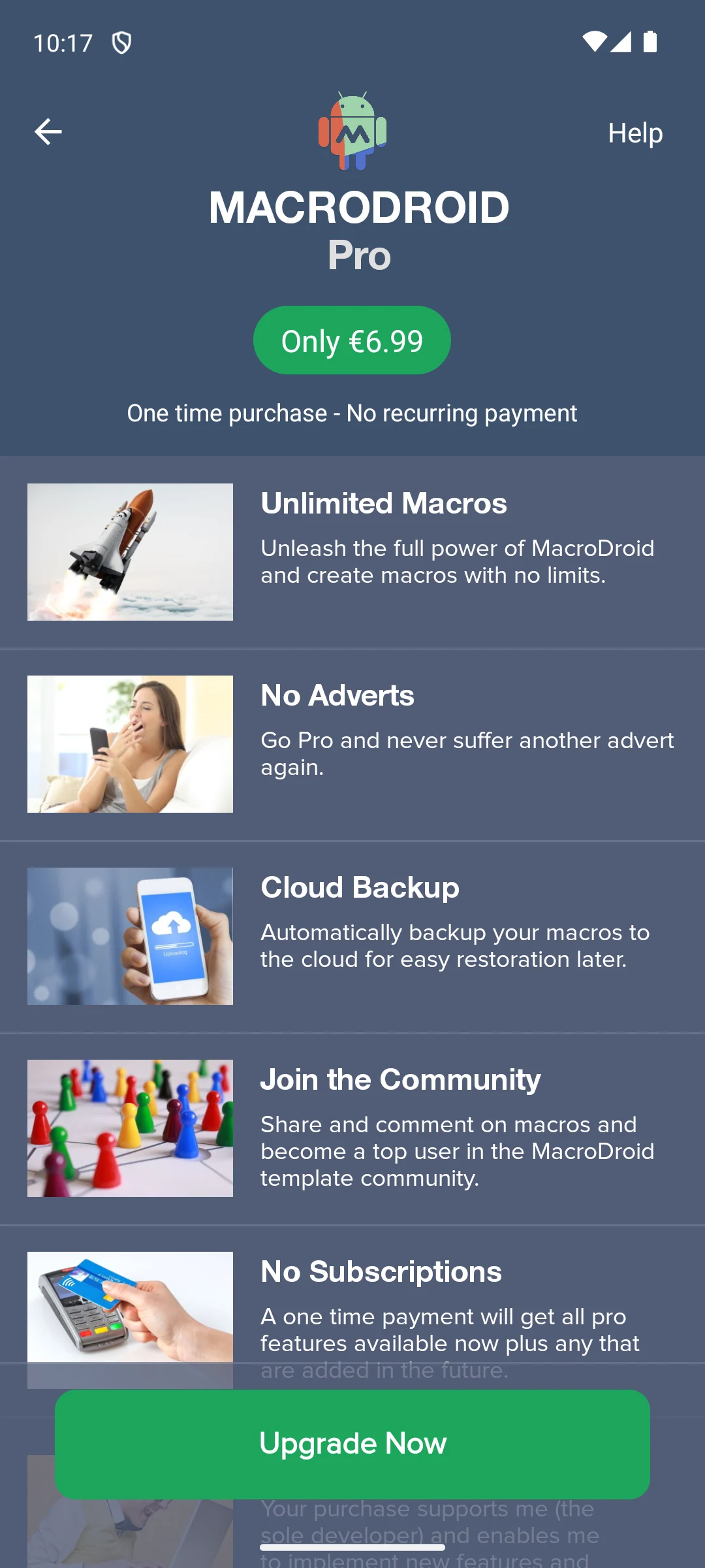 MacroDroid upgrade screen listing what the paid unlock removes and adds.