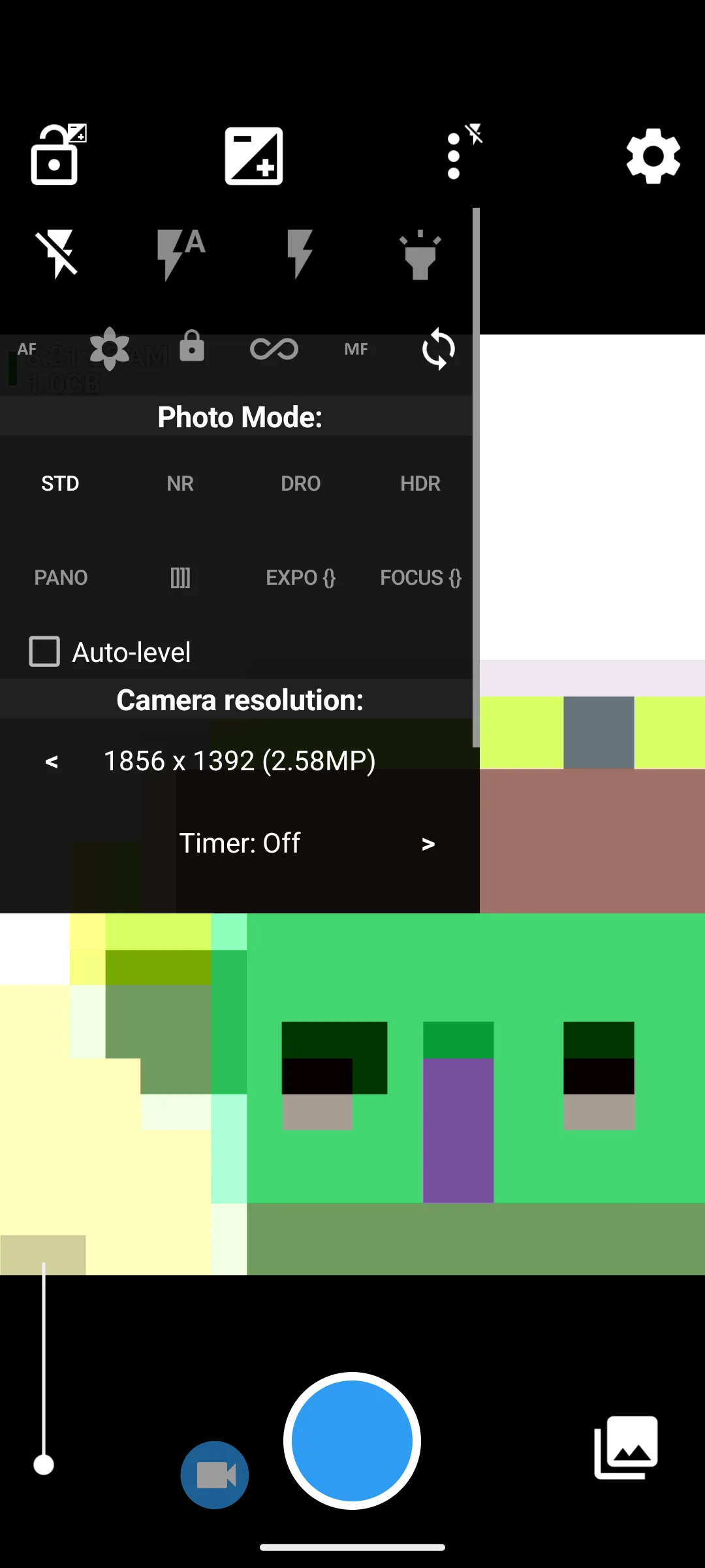 Open Camera quick popup: flash modes, photo modes like HDR and DRO, resolution and timer