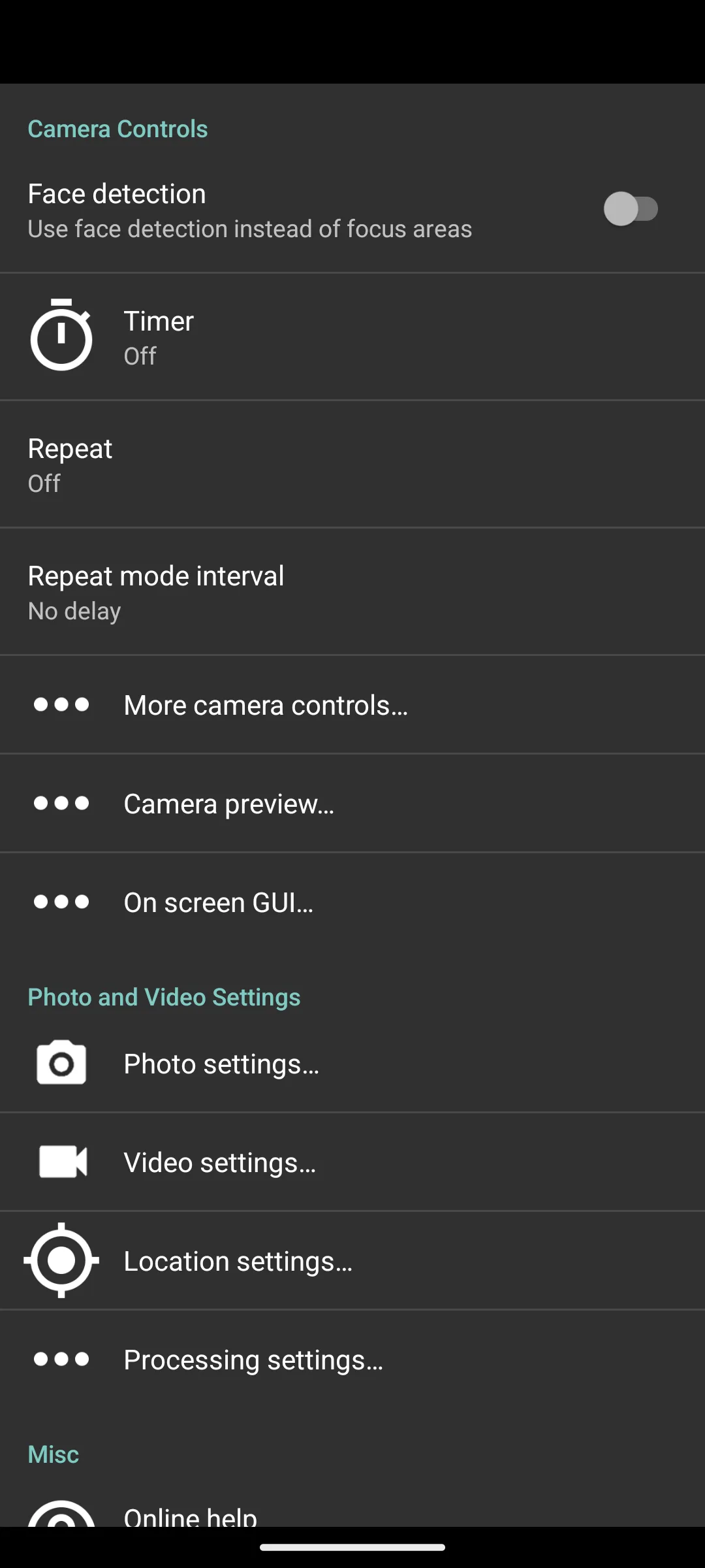 Open Camera settings list: camera controls, photo and video settings