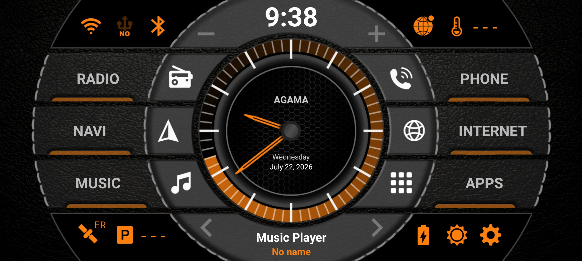 AGAMA home screen: analog clock hub with big buttons for radio, navigation, music and phone
