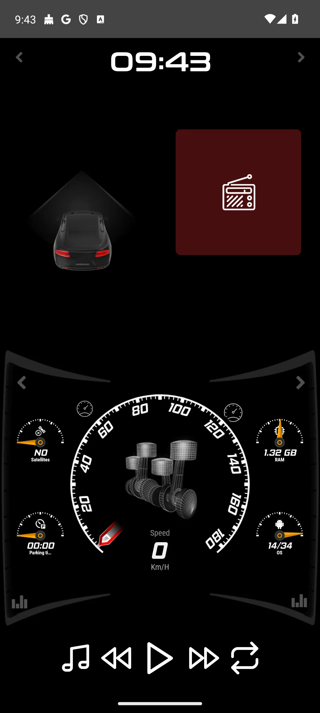 CarWebGuru dashboard with curved speedometer, side gauges and media controls