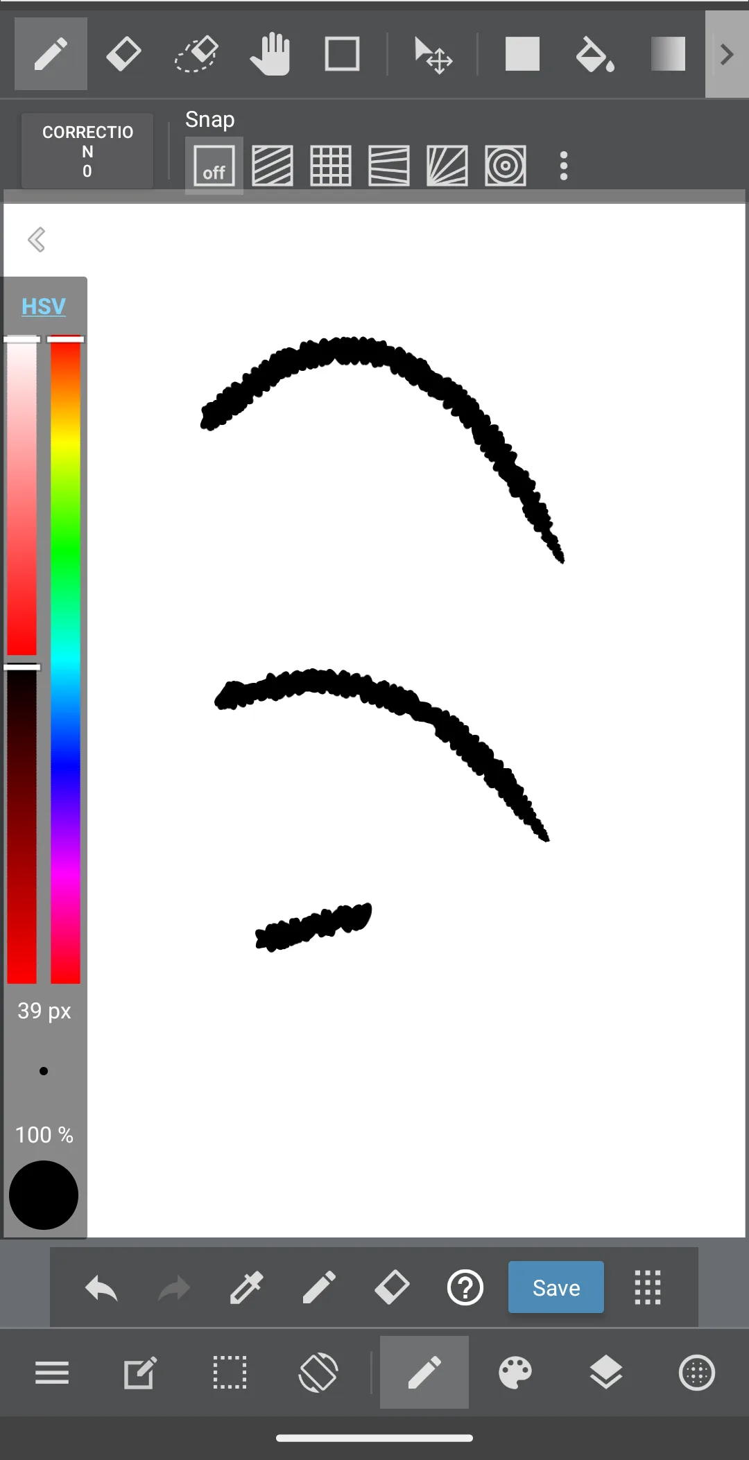 MediBang Paint canvas with brush strokes, the HSV colour picker, brush size and opacity controls, and the layer bar