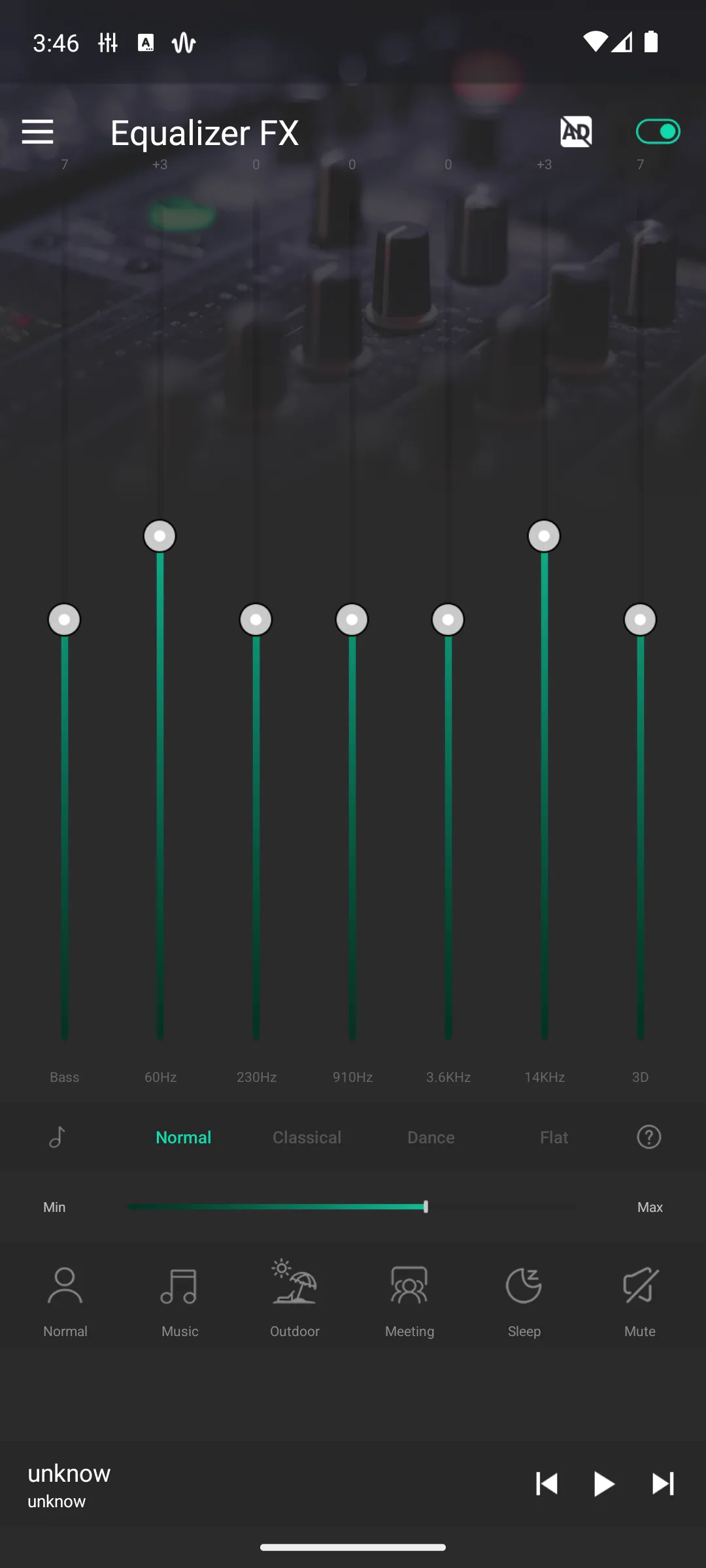 Equalizer FX bands with genre presets and bass boost
