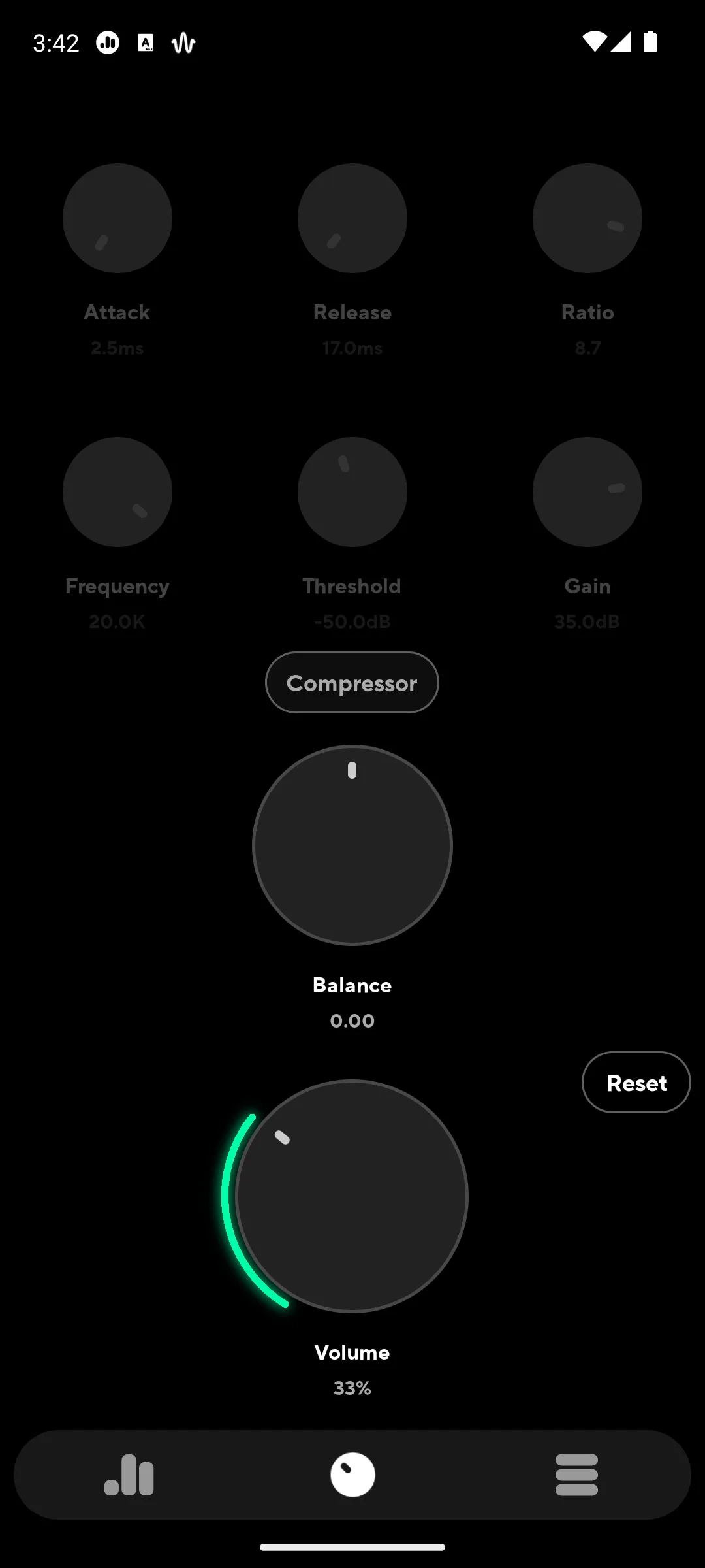 Poweramp Equalizer dynamic compressor with attack, release and balance controls