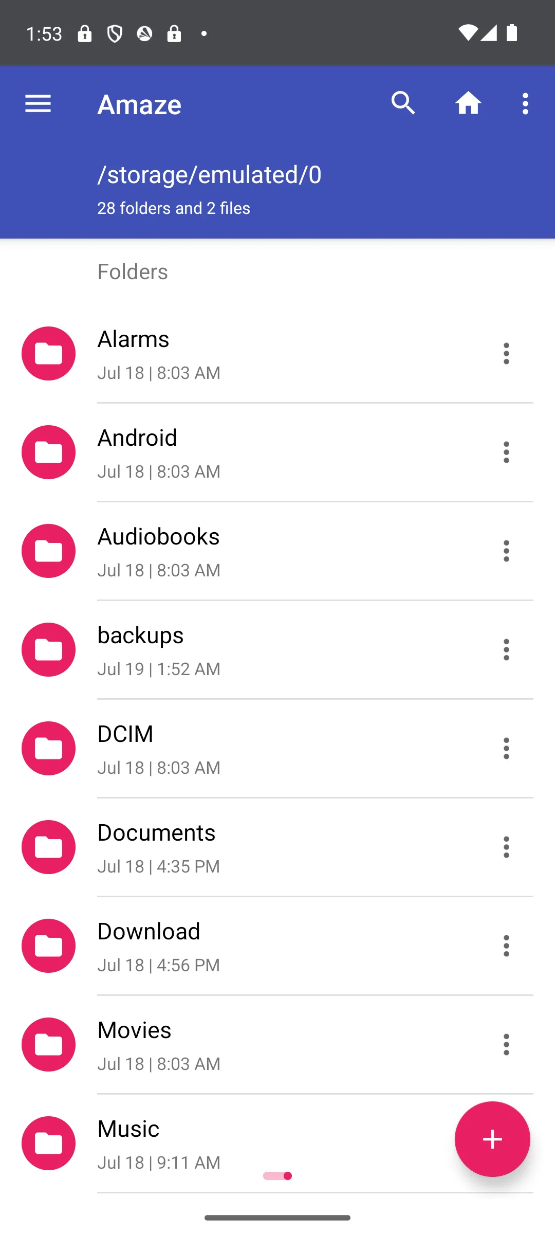 Amaze File Manager browsing internal storage with folders and files