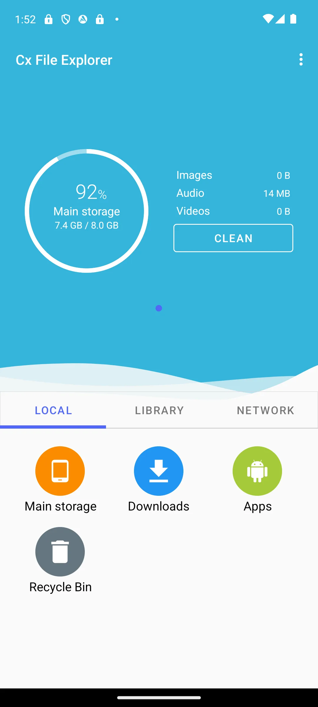 Cx File Explorer home with a storage gauge and local, library and network tabs