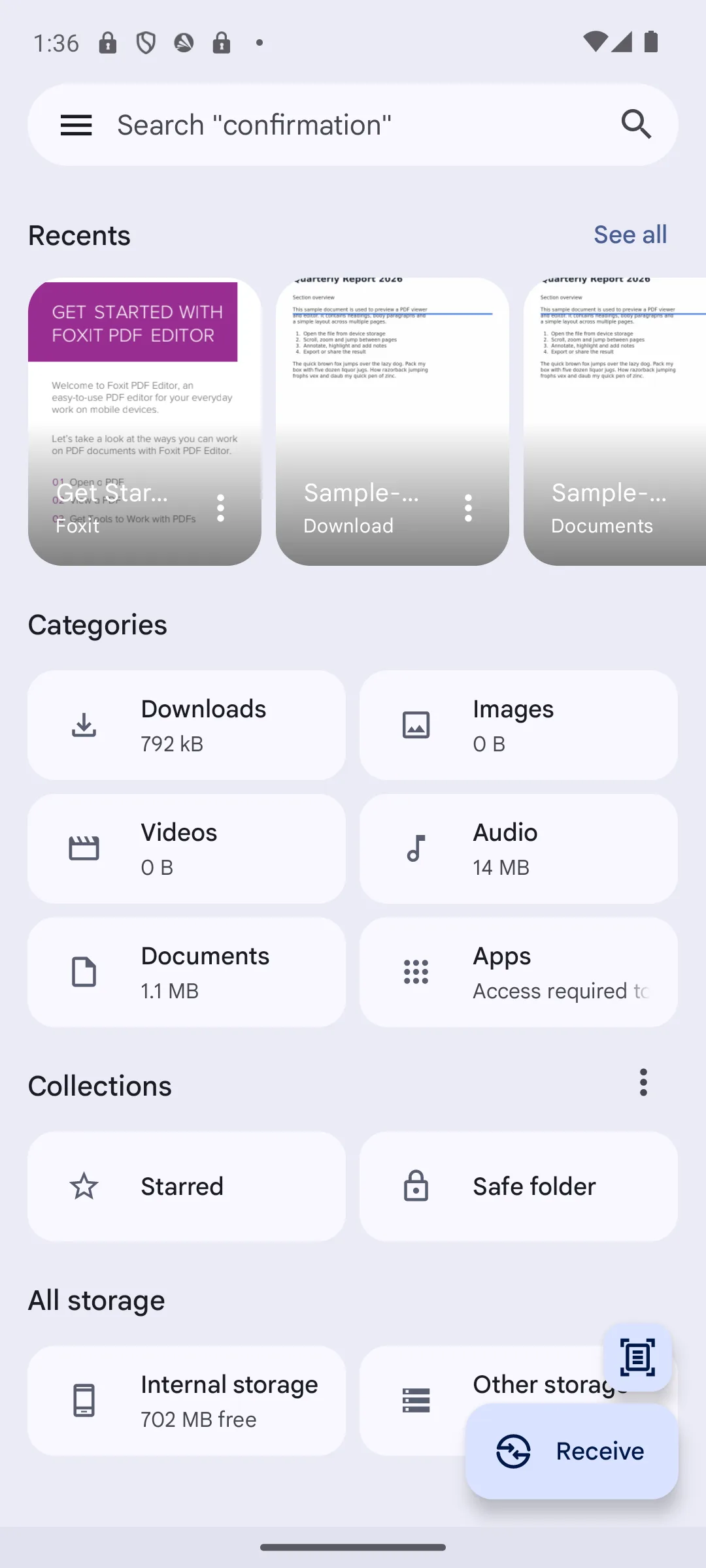 Files by Google home with categories for downloads, images, videos, audio and documents