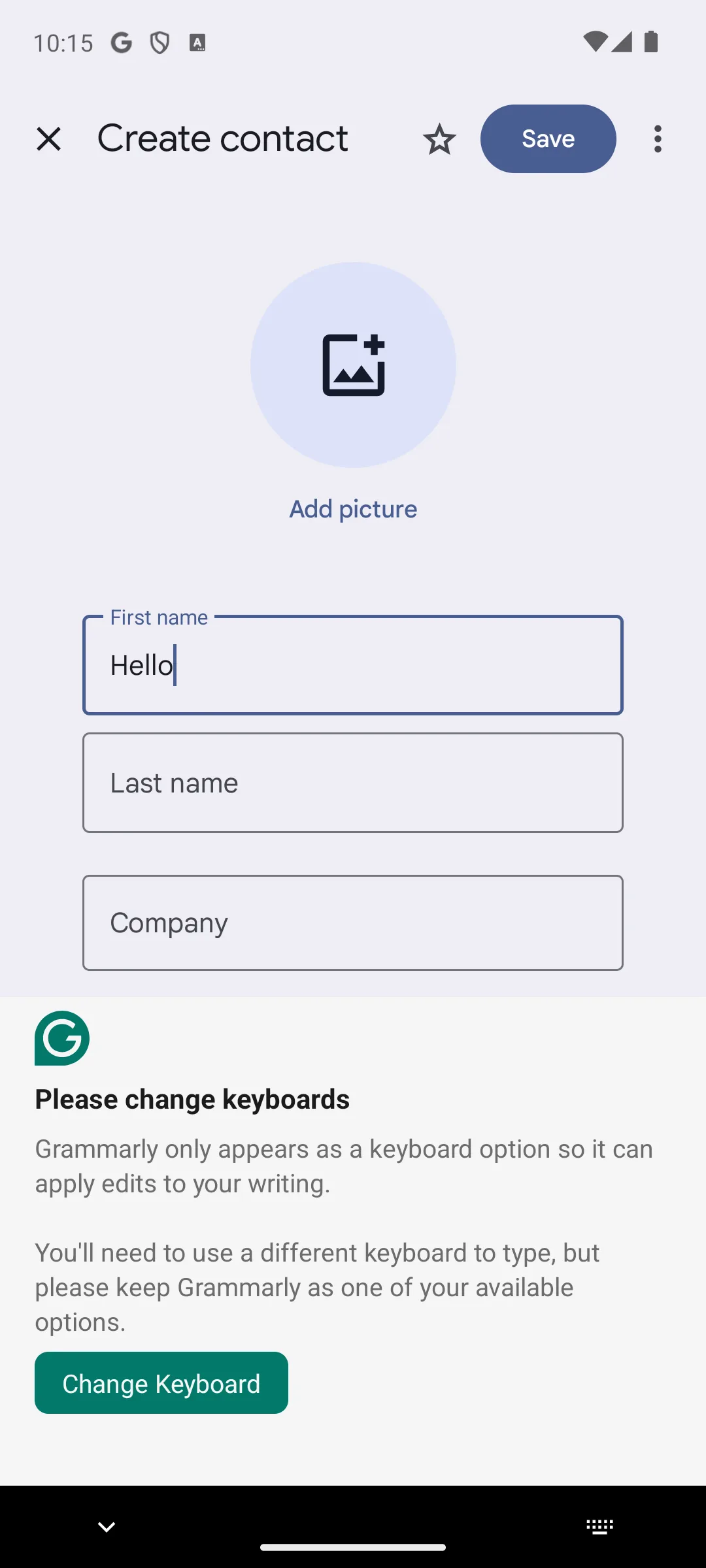 Grammarly on Android asking the user to switch to a different keyboard in order to type