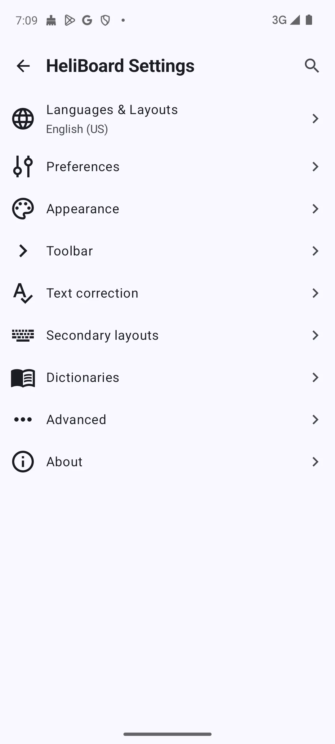 HeliBoard settings with languages, appearance and dictionaries