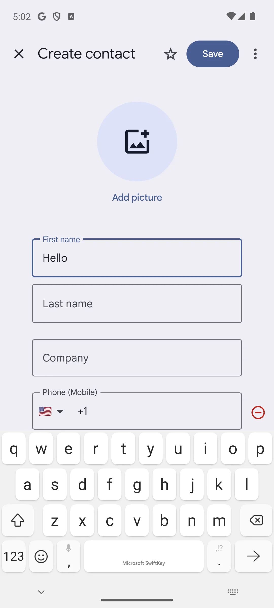 Microsoft SwiftKey QWERTY layout with its branded space bar, typing into a contact field