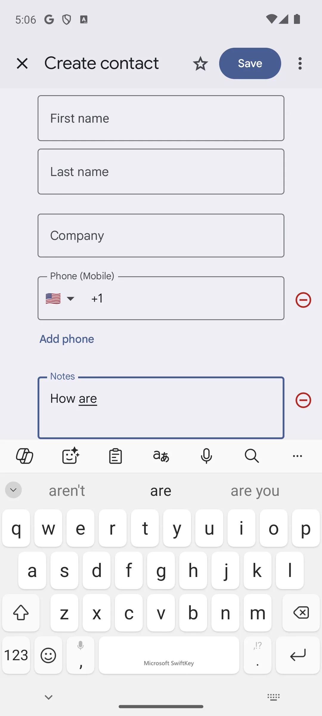Microsoft SwiftKey showing three word predictions above the keyboard alongside its toolbar row