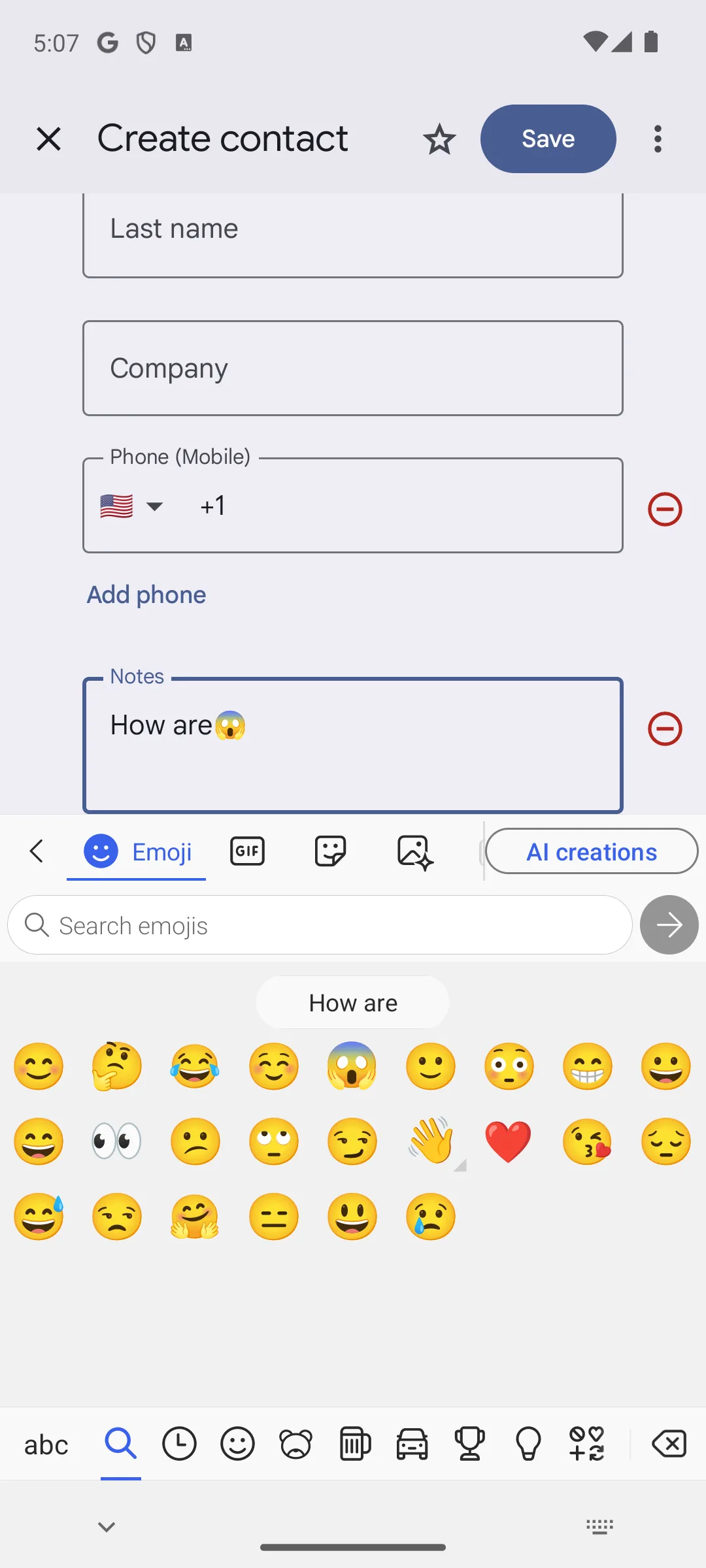 Microsoft SwiftKey emoji panel with emoji, GIF and sticker tabs, an emoji search box and an AI creations button