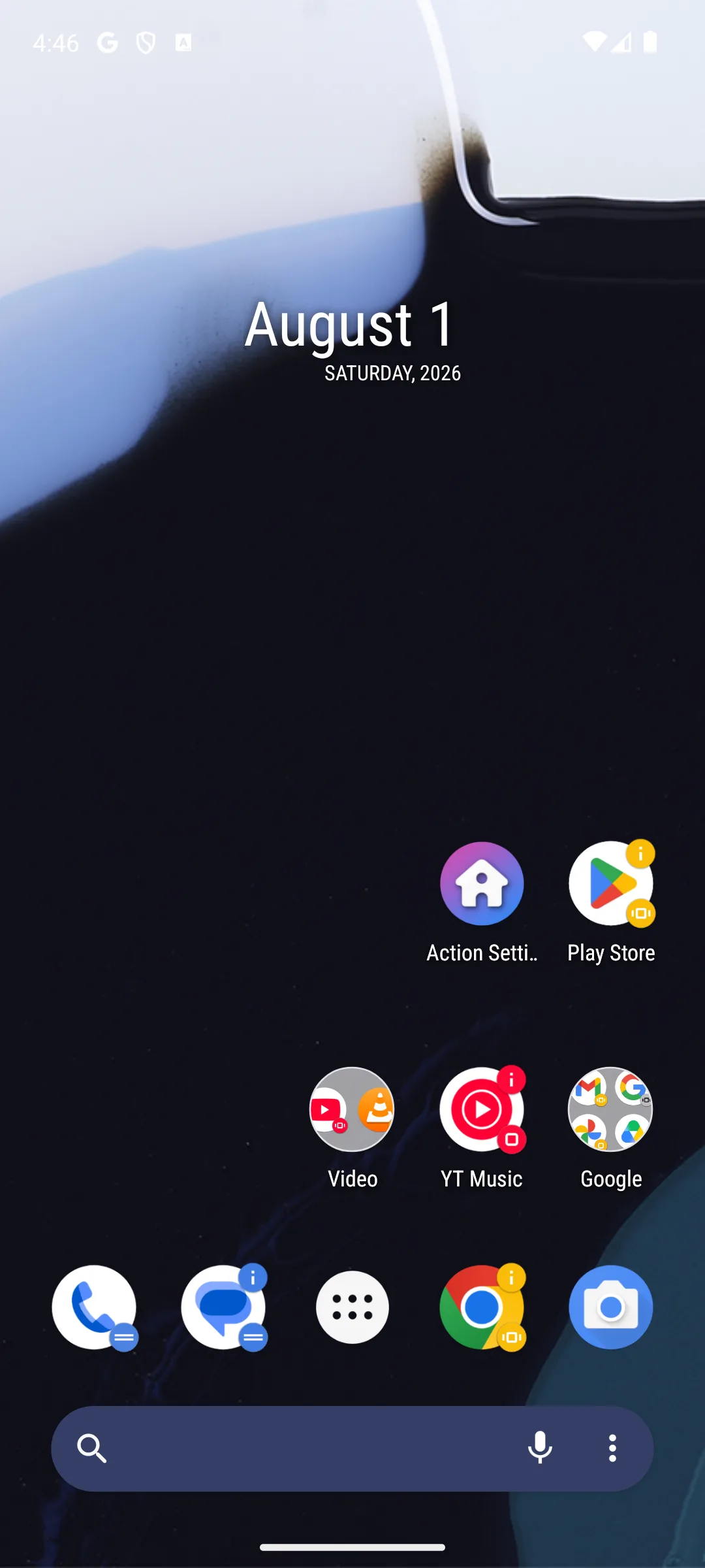 Action Launcher home screen with a date widget, app folders and a dock with the app drawer button