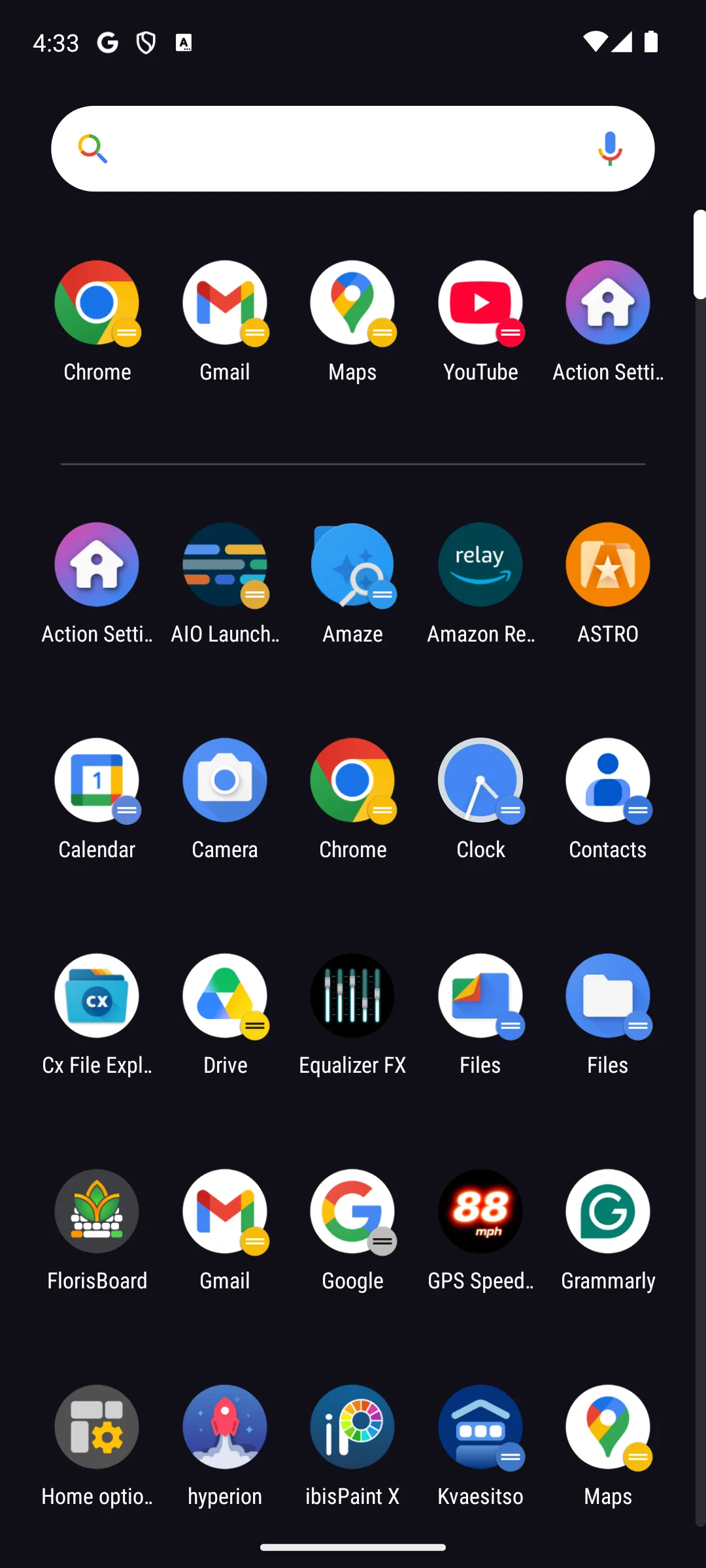 Action Launcher app drawer with a search bar at the top and a grid of installed apps