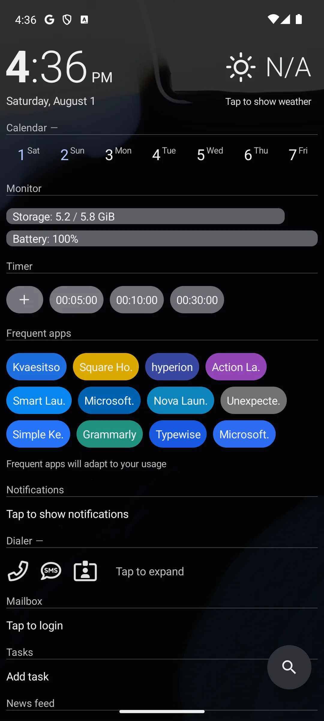 AIO Launcher text dashboard listing the clock, calendar, storage and battery monitors, a timer and frequently used apps