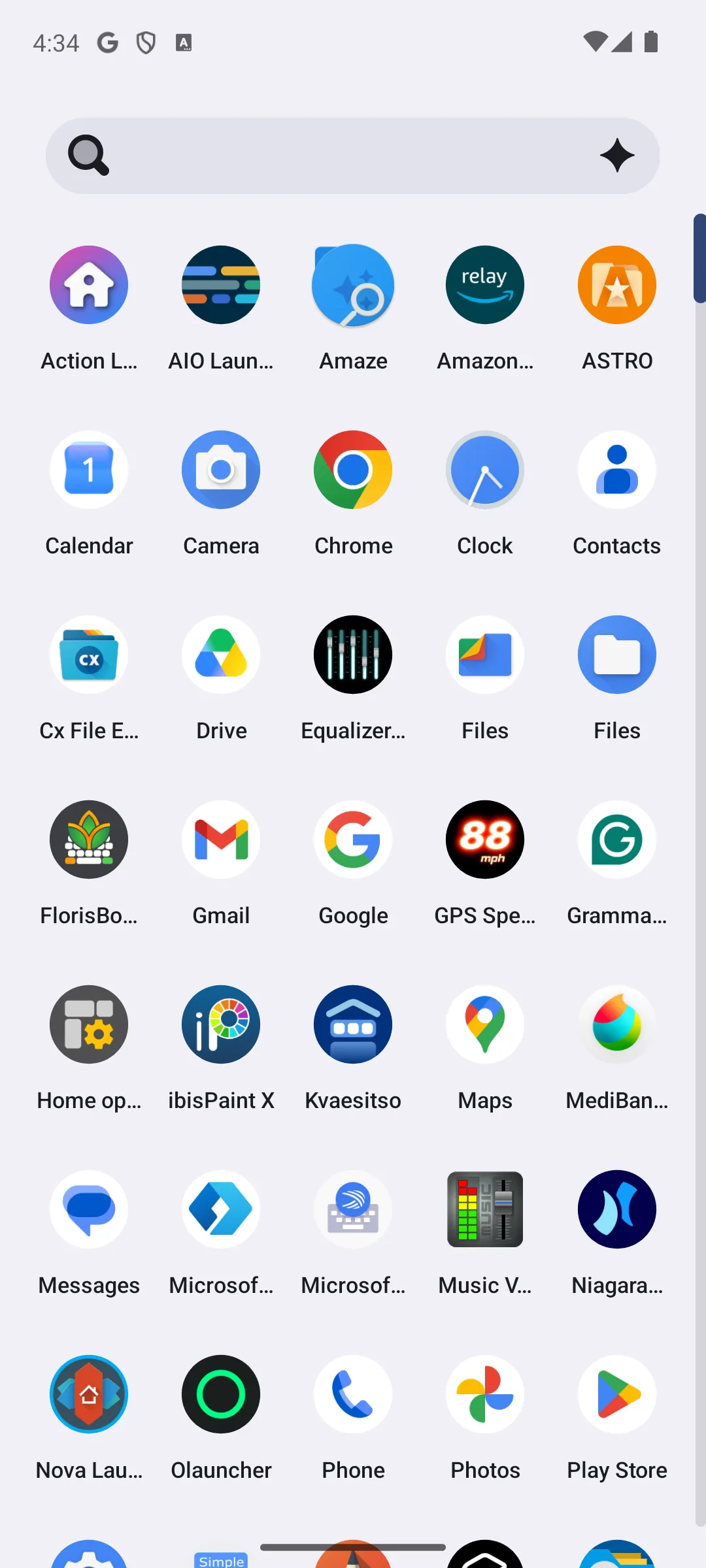 Hyperion Launcher app drawer listing installed apps alphabetically with a search bar