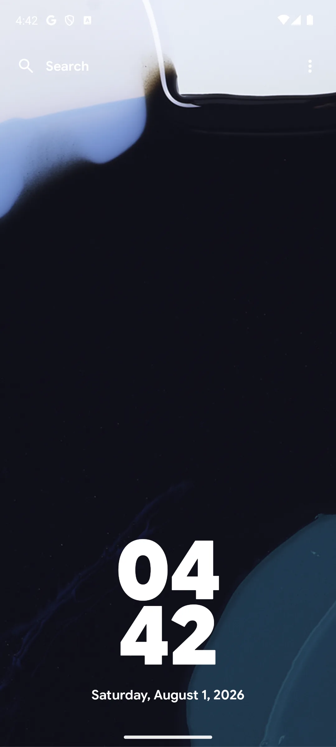 Kvaesitso home screen with a search bar at the top and a large clock above the date