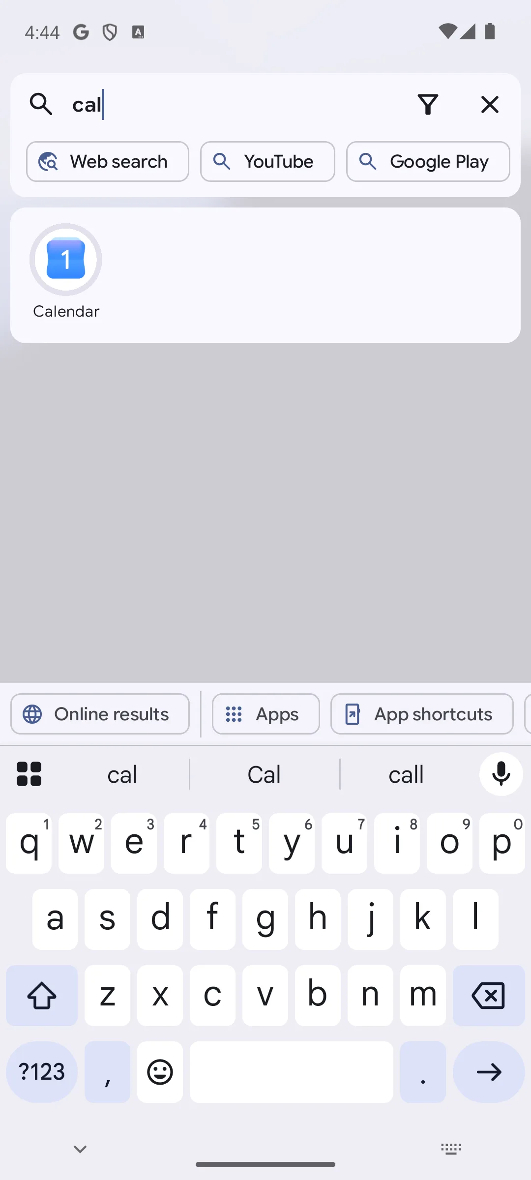 Kvaesitso search results for the word cal, showing a matching app alongside web, YouTube and Google Play search options