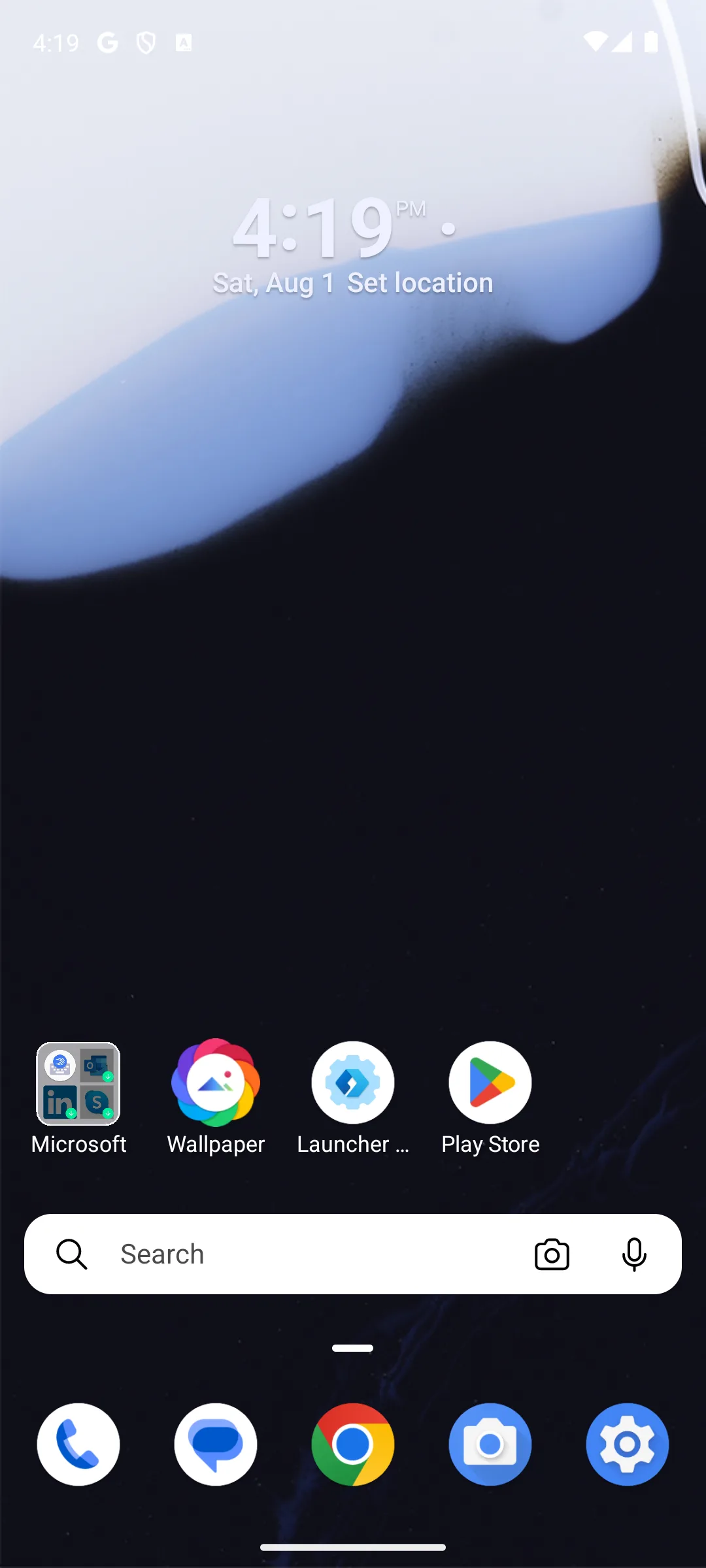 Microsoft Launcher home screen with a clock, a Microsoft app folder, a search bar and the dock