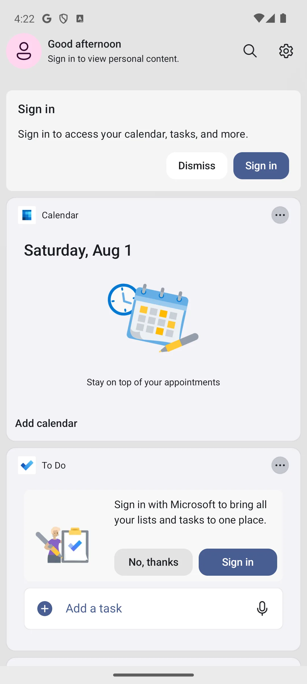 Microsoft Launcher personalised feed showing Calendar and To Do cards