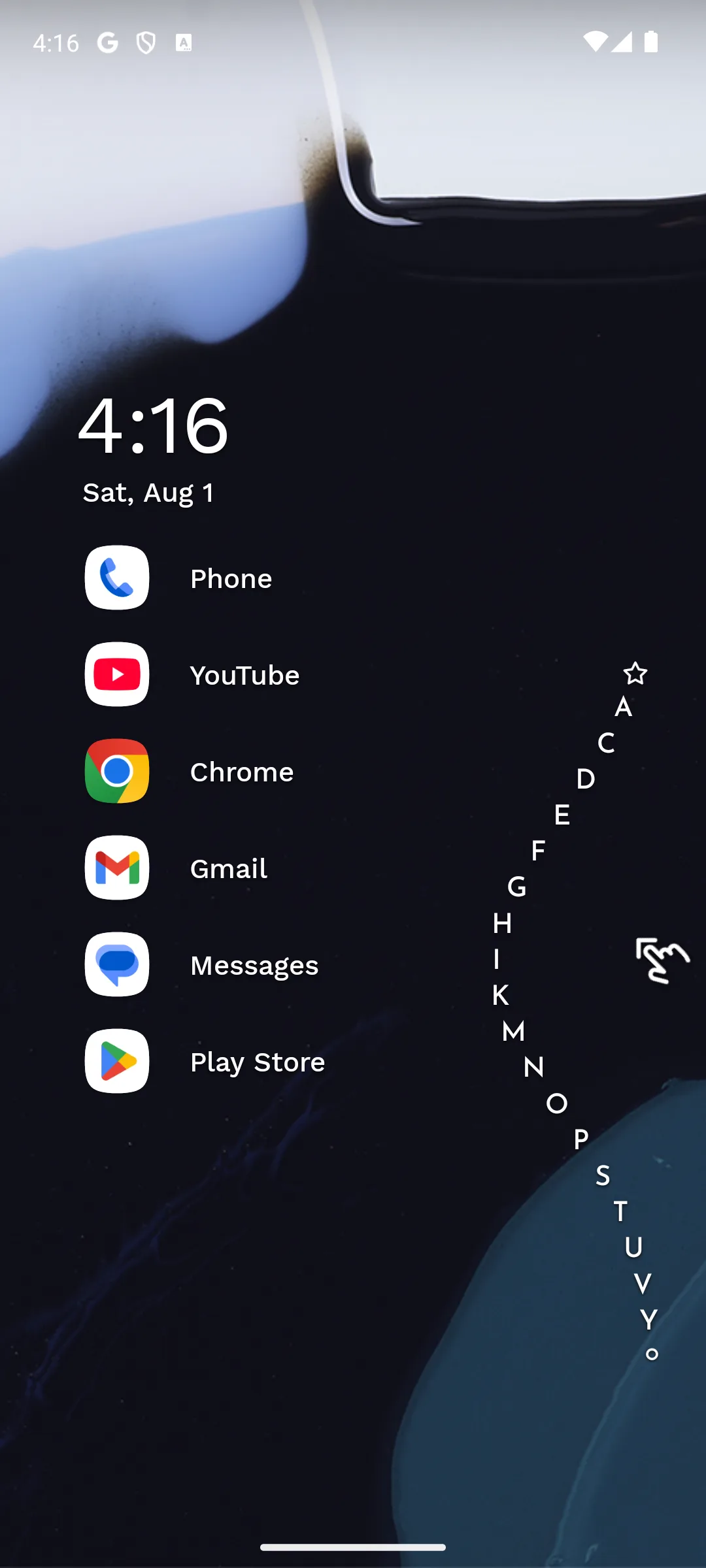 Niagara Launcher home screen with a clock, a short list of favourite apps and the alphabet bar down the right edge