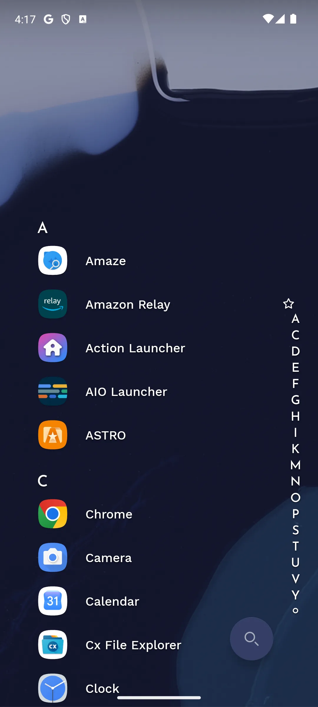 Niagara Launcher full app list grouped by letter, with the alphabet scroll bar on the right