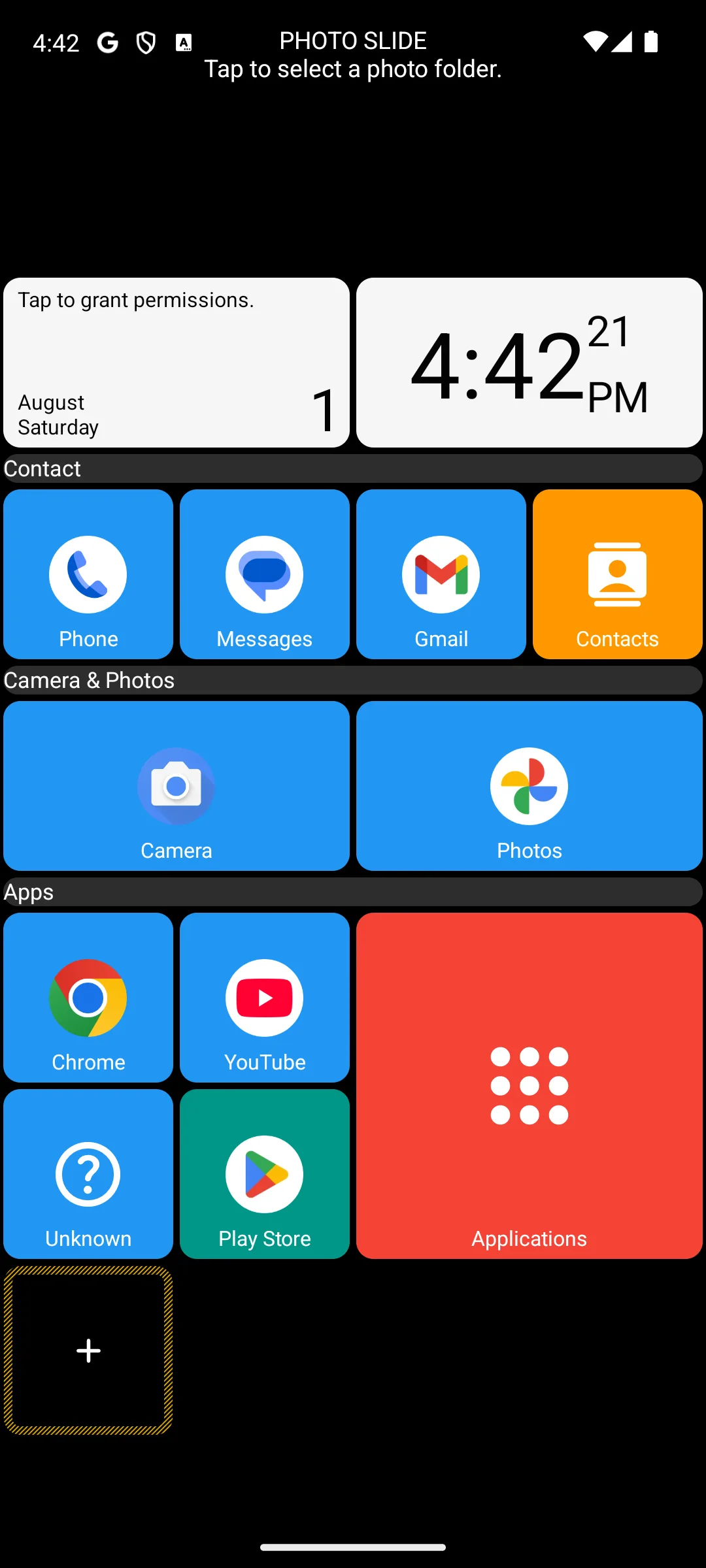 Square Home tile layout with large coloured tiles grouped under Contact, Camera and Photos, and Apps headings